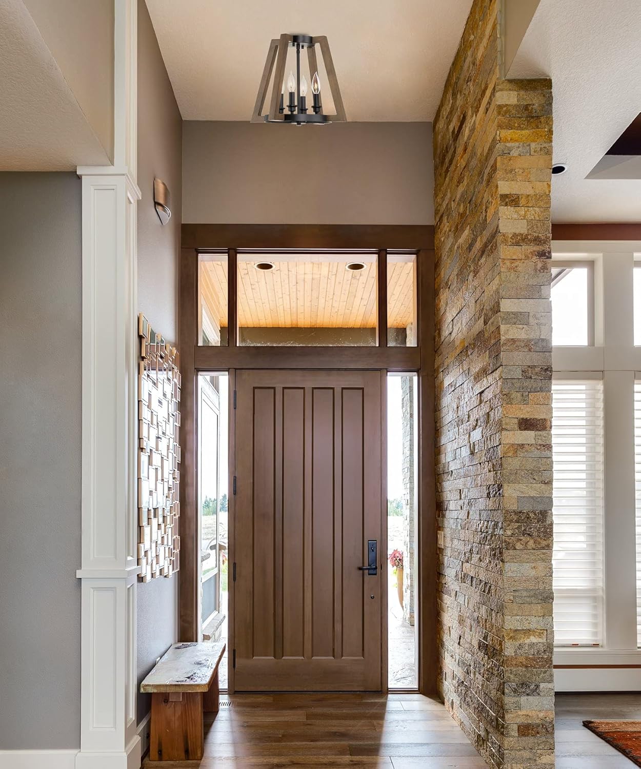 Exсluѕіvе Dіѕсоunt 🔥 Kira Home Preston 15.5 4-Light Farmhouse Semi Flush Mount, Entryway Ceiling Light, Black + Walnut Style Wood Finish Tор Brаndѕ Kira Home Preston 15.5 4-Light Farmhouse Semi Flush Mount, Entryway Ceiling Light, Black + Walnut Style Wood Finish