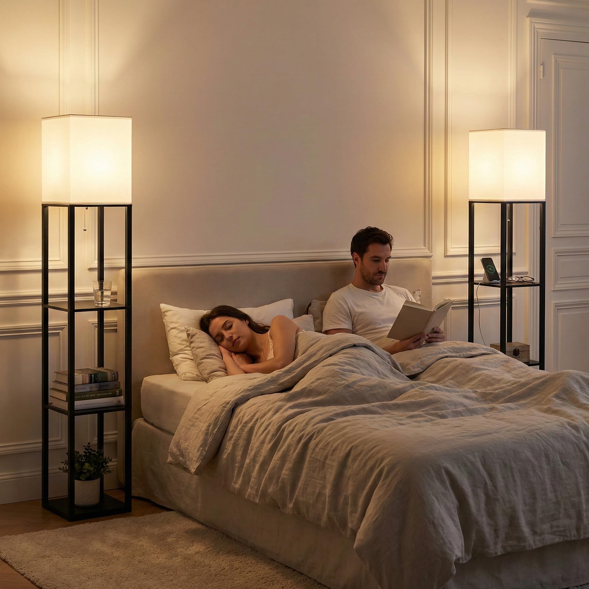 Stehlampe mit Regal aus Holz,2 er set,160 cm hoch Stehleuchte mit E27 Dimmbar 3-Farbtemperatur-LED-Lampe,Standleuchte mit Weiß Lampenschirme,Lampen für Schlafzimmer Wohnzimmer Ecke Flur Büro,Schwarz