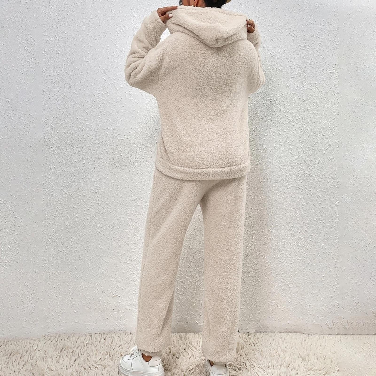 Generisch Homewear - Tuta da donna invernale soffice | Tuta sportiva in due pezzi, in pile, con cappuccio, calda, per il tempo libero