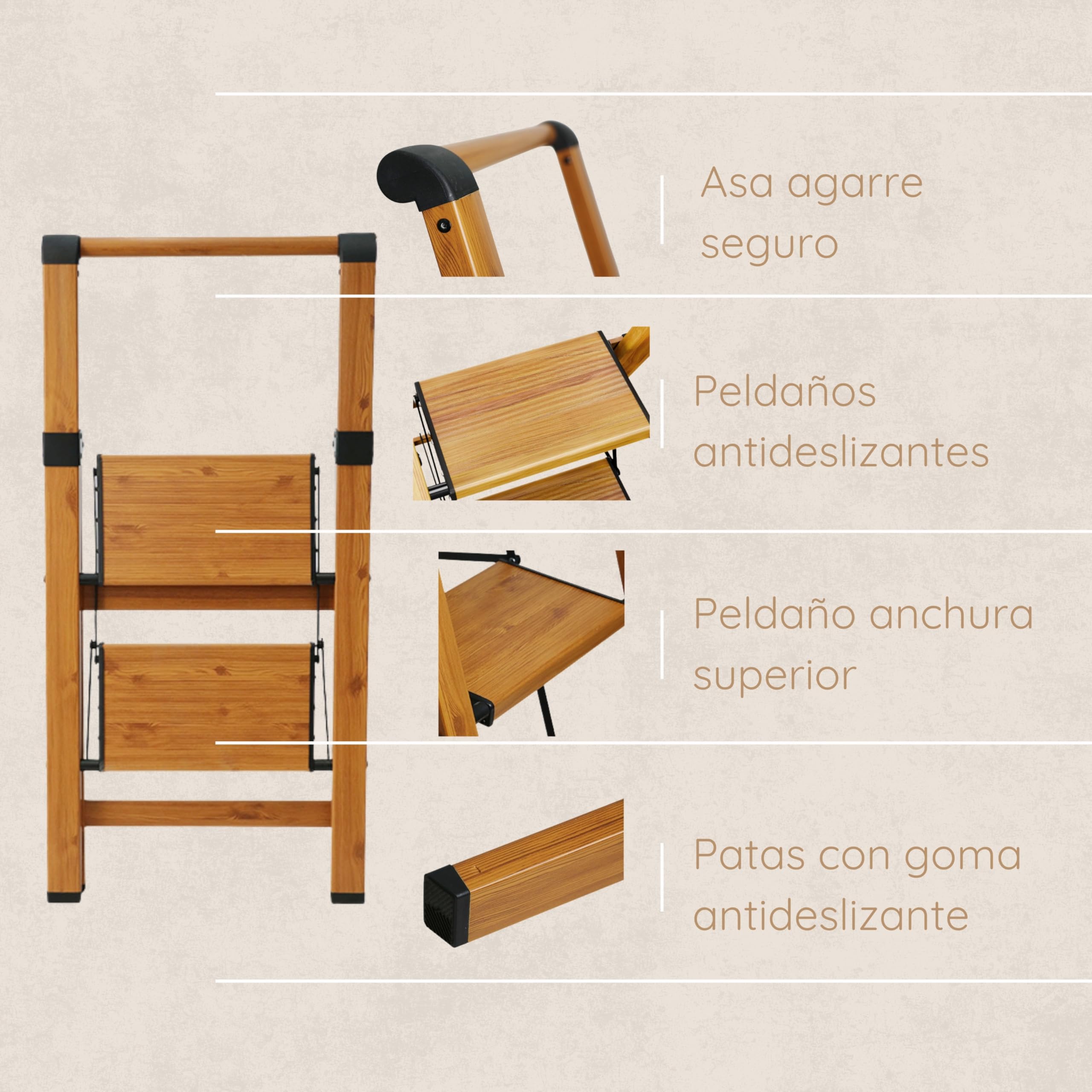 Escalera Plegable de Aluminio Efecto Madera para hogar y Cocina, 2 peldaños, peldaños Anchos Antideslizantes, EN 131