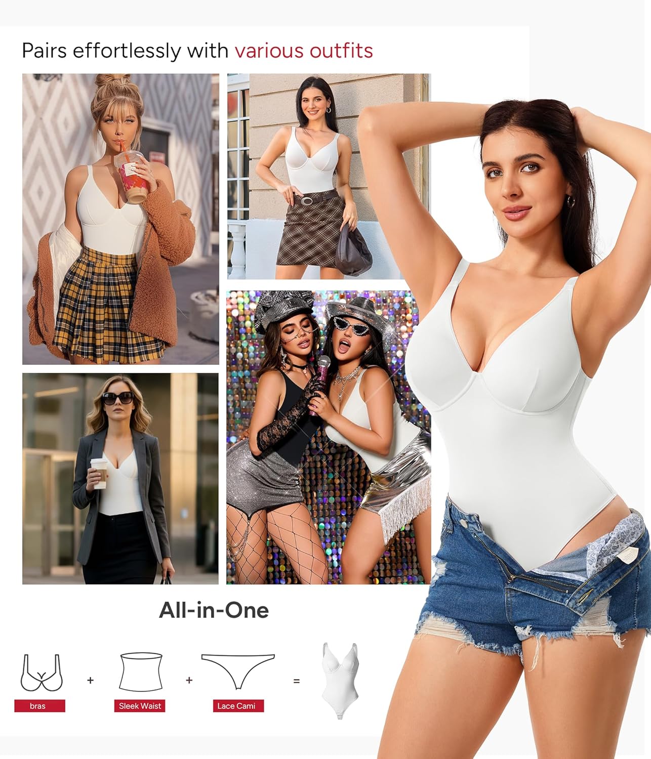 Nebility Shapewear Bodysuits for Women Tummy Control Body Shaper Deep V Neck Thong Body Suits (White,Large) - Image 6