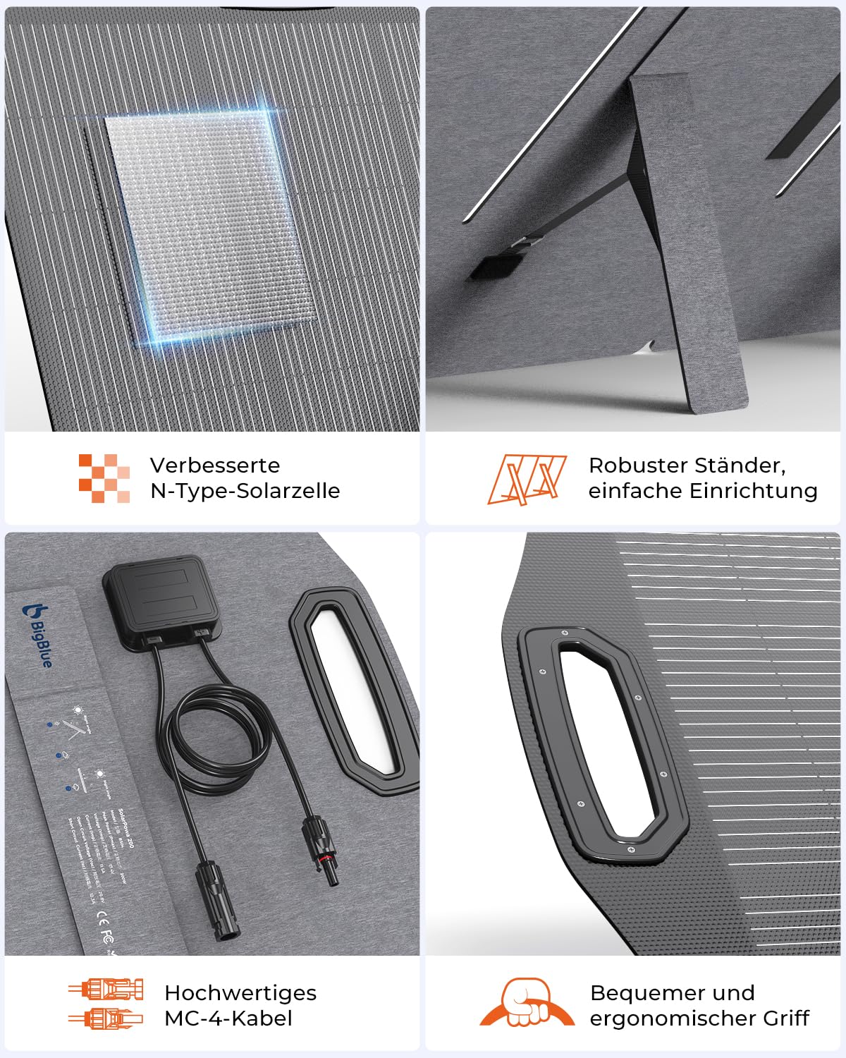[N-Type Solarzelle] BigBlue 200W Solarpanel ETFE, Faltbares Solarmodul mit 5 Anschlussart für Tragbare Powerstation und Batterie, IP68 Solarladegerät für Camping Garten Balkon Wohnwagen