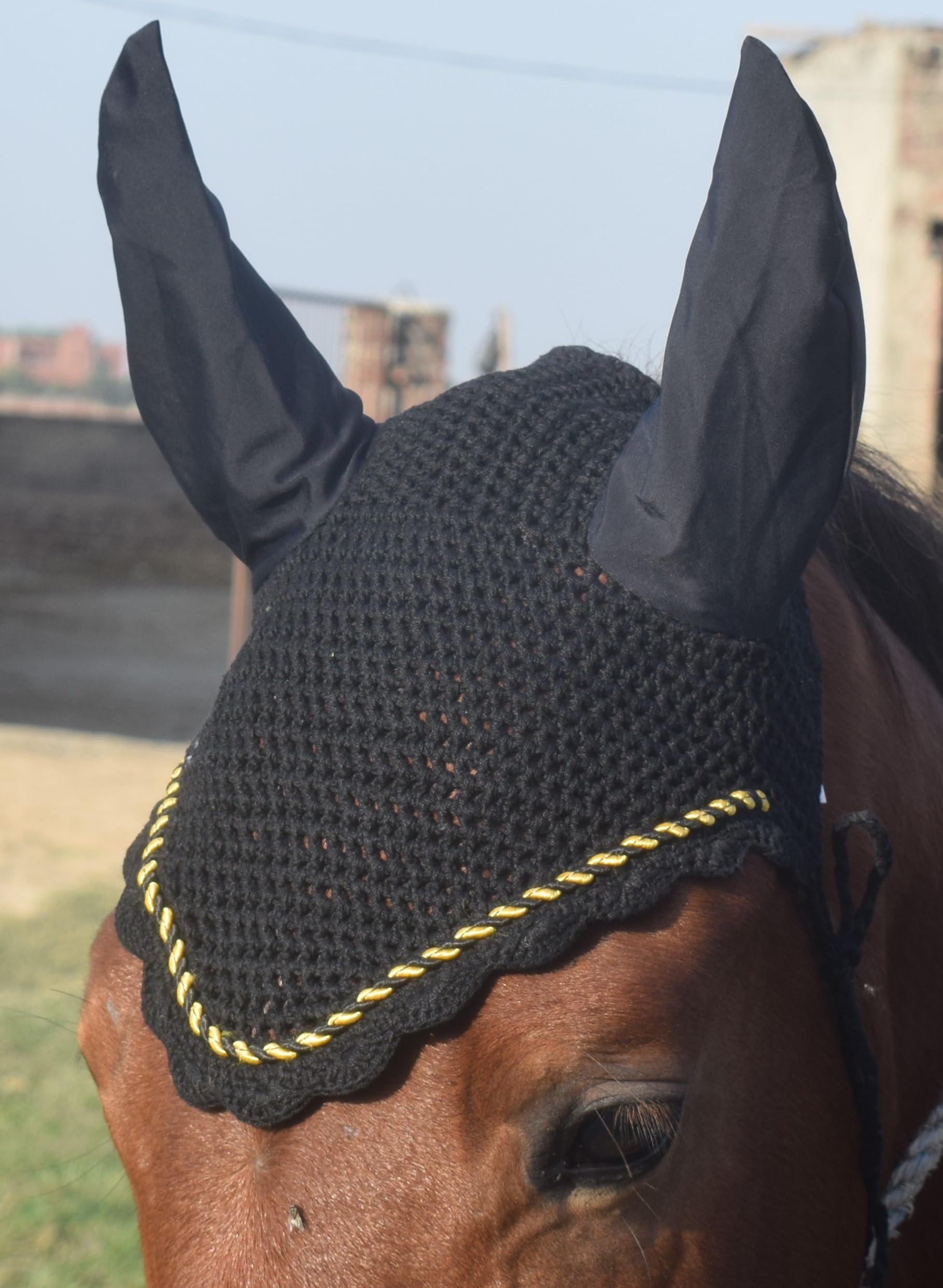 Zainee Sports Crochet Fly Hood with Comfortable Lycra Ears Horse Ear Bonnet Net Hat Fly Veil Hand Made (COB, ROYAL BLUE) — view 8