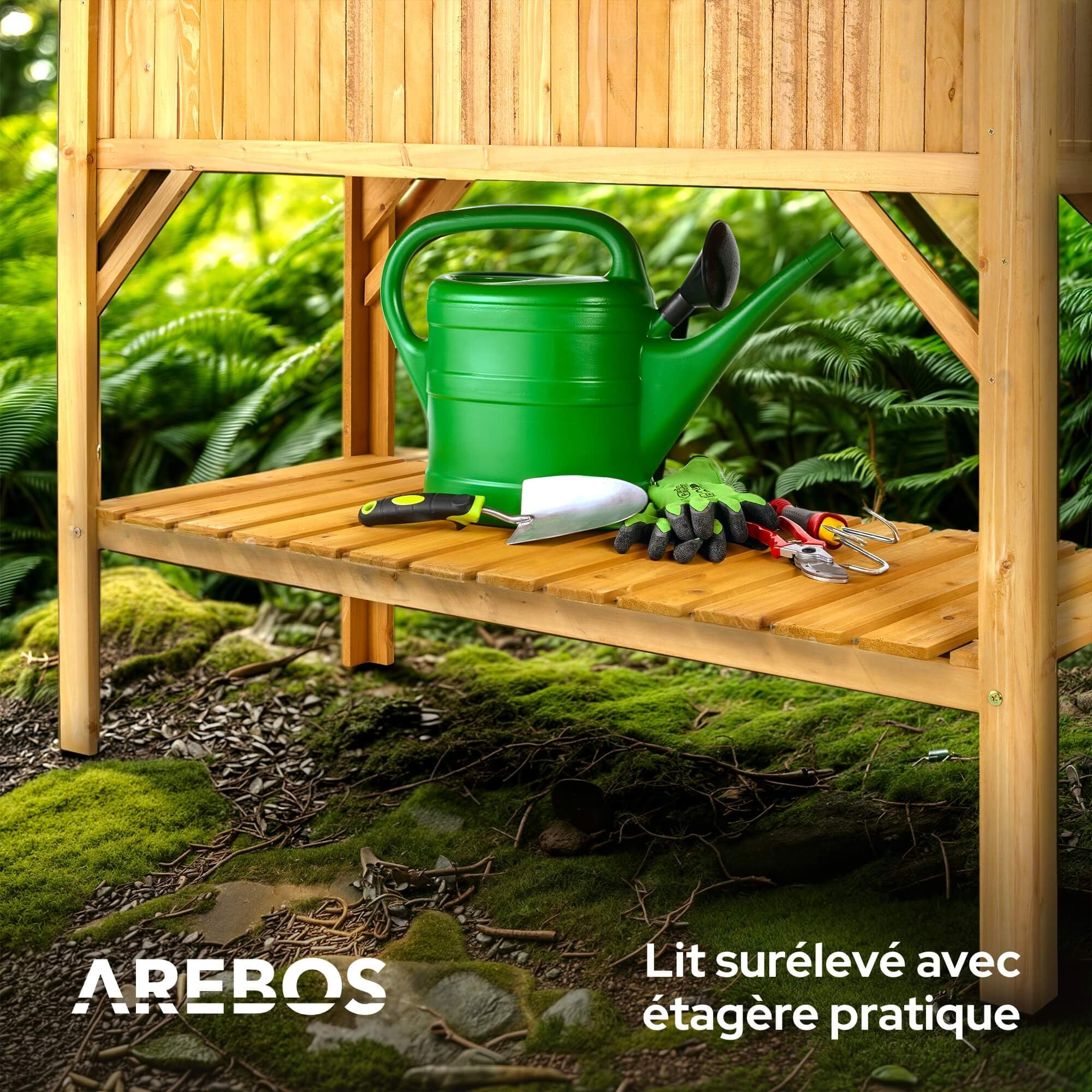 Arebos Jardinière surélevée en bois avec compartiment de rangement | Pour jardin, balcon et terrasse | Intérieur équipé d'un non-tissé de protection | 119 x 53 x 90 cm