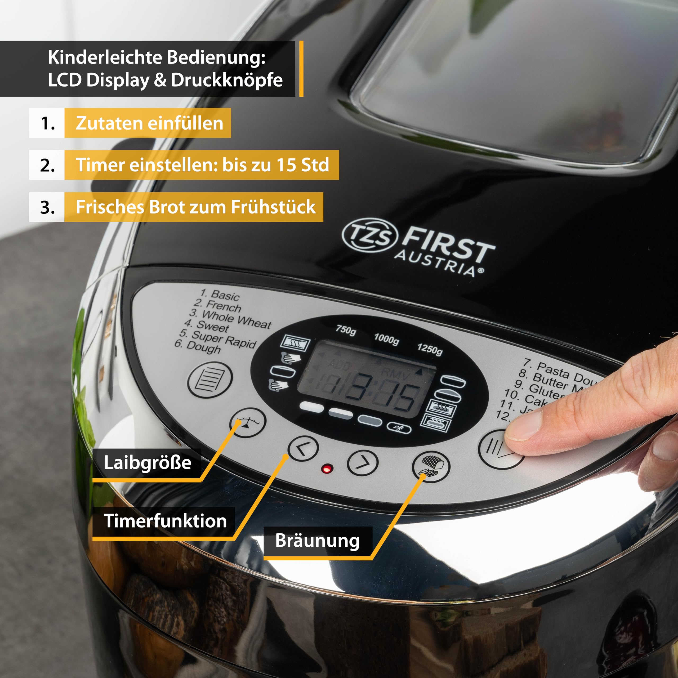 TZS First Austria - Brotbackautomat mit 12 Automatikprogrammen 850W - Vollautomatische Brotbackmaschine 700-1250g Füllmenge - Bread Maker mit Sichtfenster, Timer, Zubehör & Warmhaltefunktion - Schwarz
