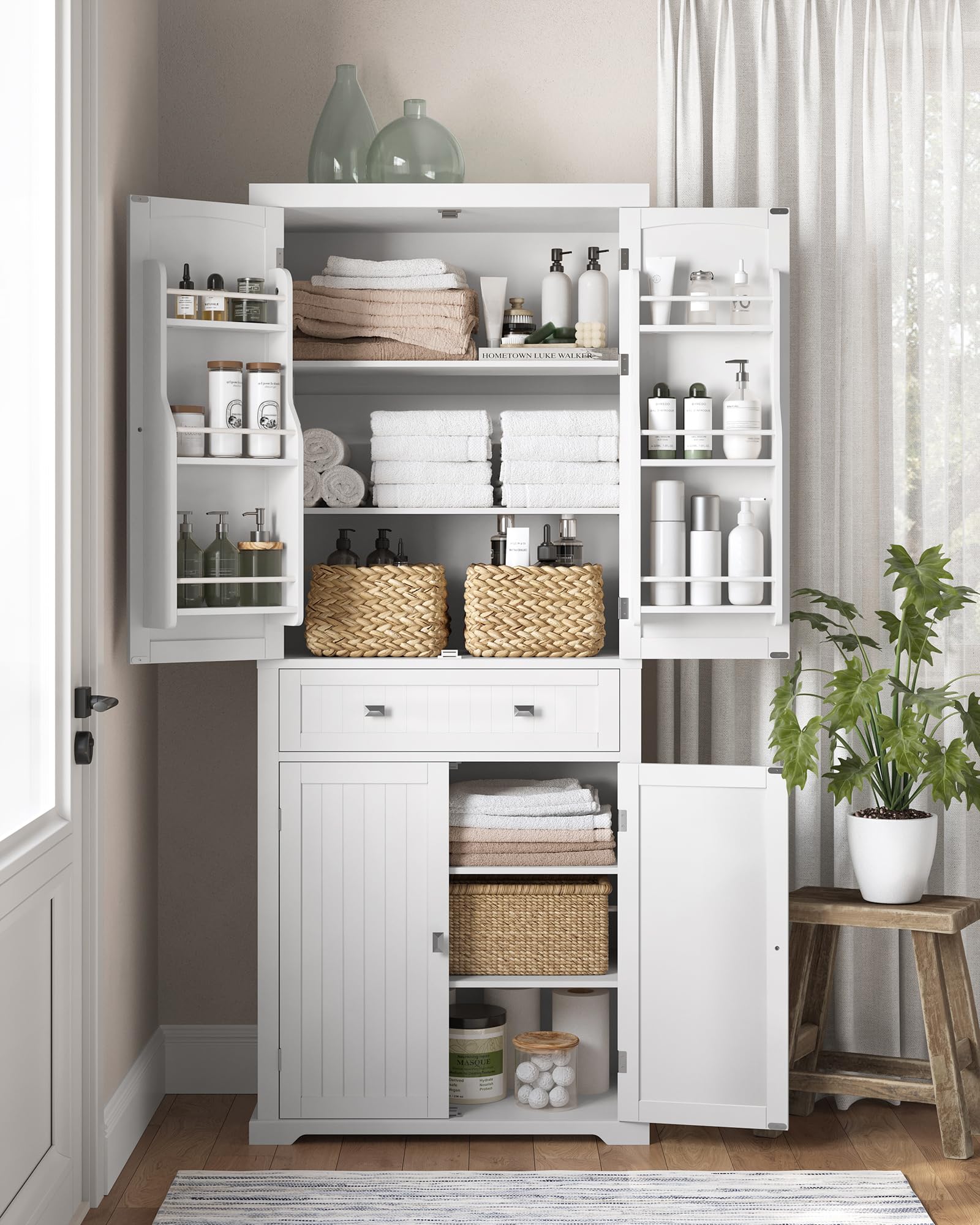 VASAGLE Armario Alto de Cocina, 40 x 76 x 182,1 cm, Armario Independiente, con un Cajón, Estantes Ajustables, 6 Estantes en la Puerta, para Sala de Estar, Cocina, Blanco BBC561W21