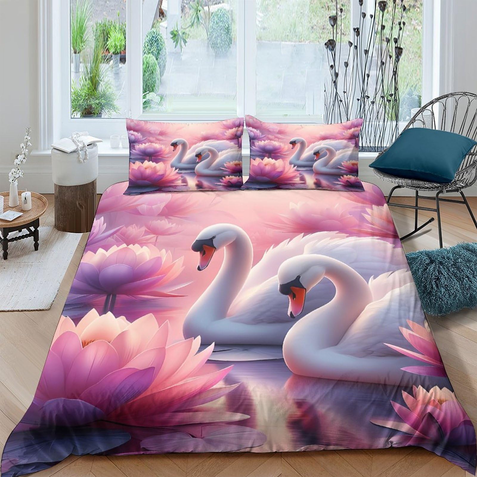 Housse de couette 3D résistante et facile d'entretien motif cygnes