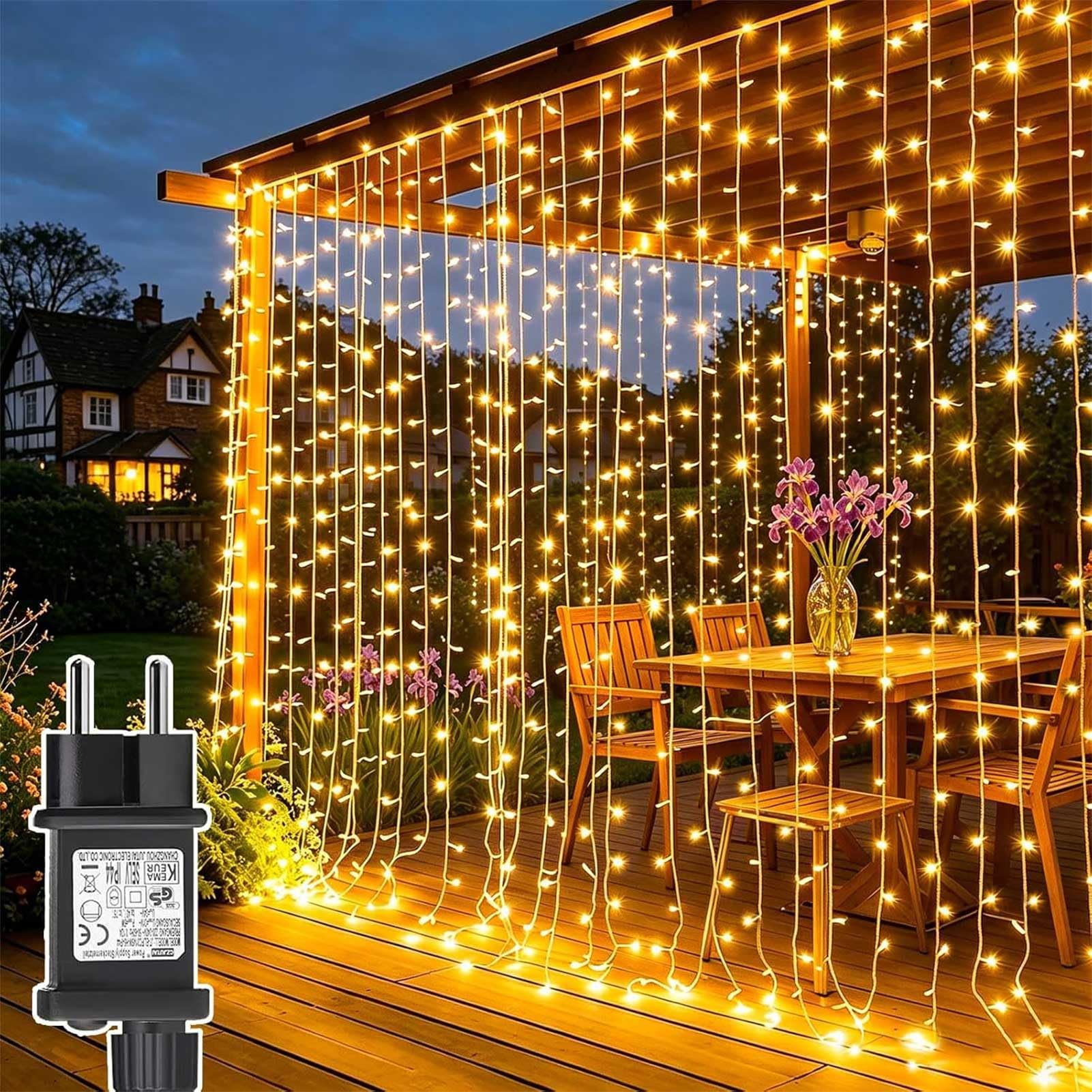 Rideau Lumineux 2 Pièces 3m x 3m 300 LED Guirlande Lumineuse Extérieur | Transformateur, Étanche 8 Modes & Timer Rideau LED Décoration Intérieur Fenêtre Chambre Mariage Fête Pergola Blanc Chaud