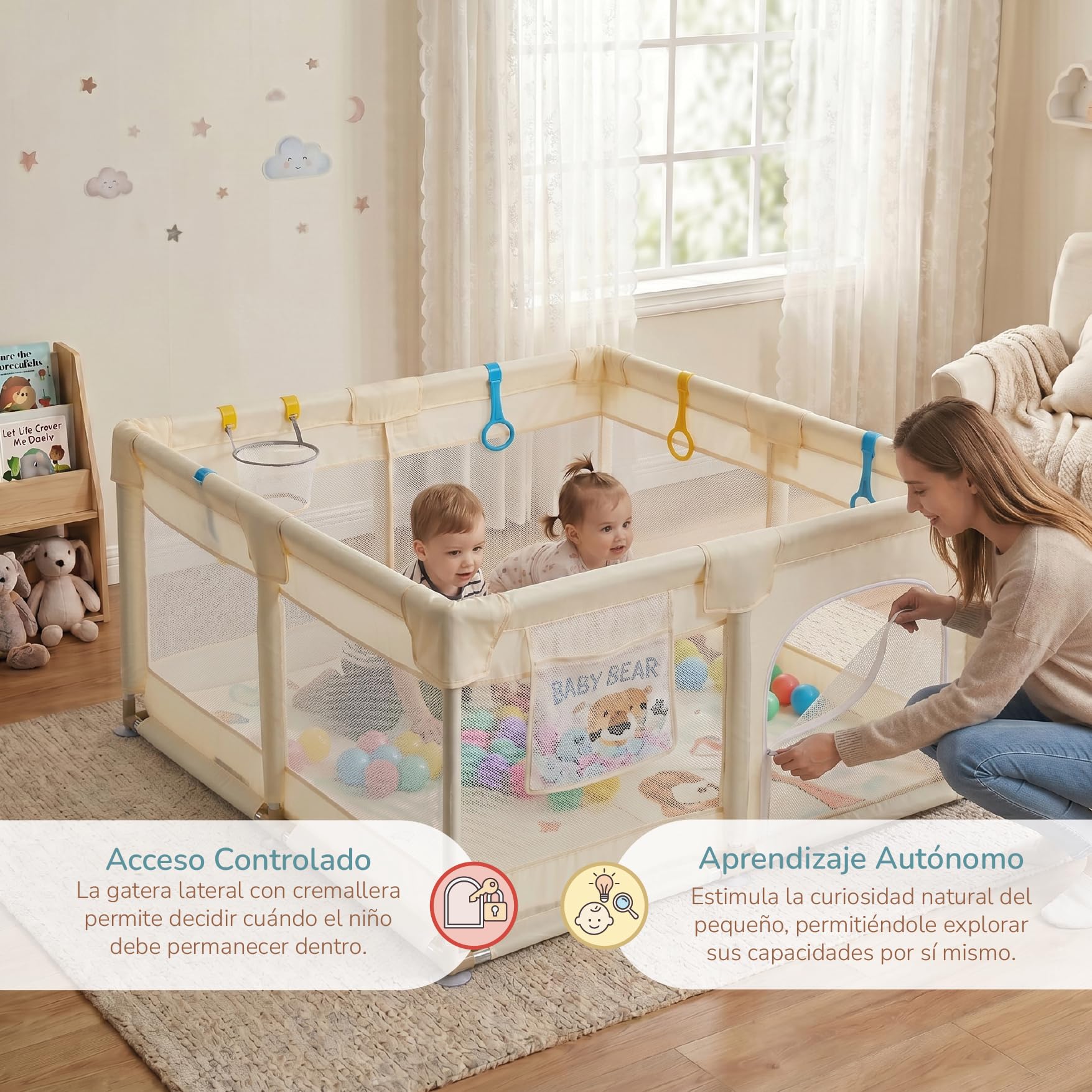 Buddy Baby Parco per bambini 120 x 120 cm pieghevole con rete traspirante e porta laterale vaniglia