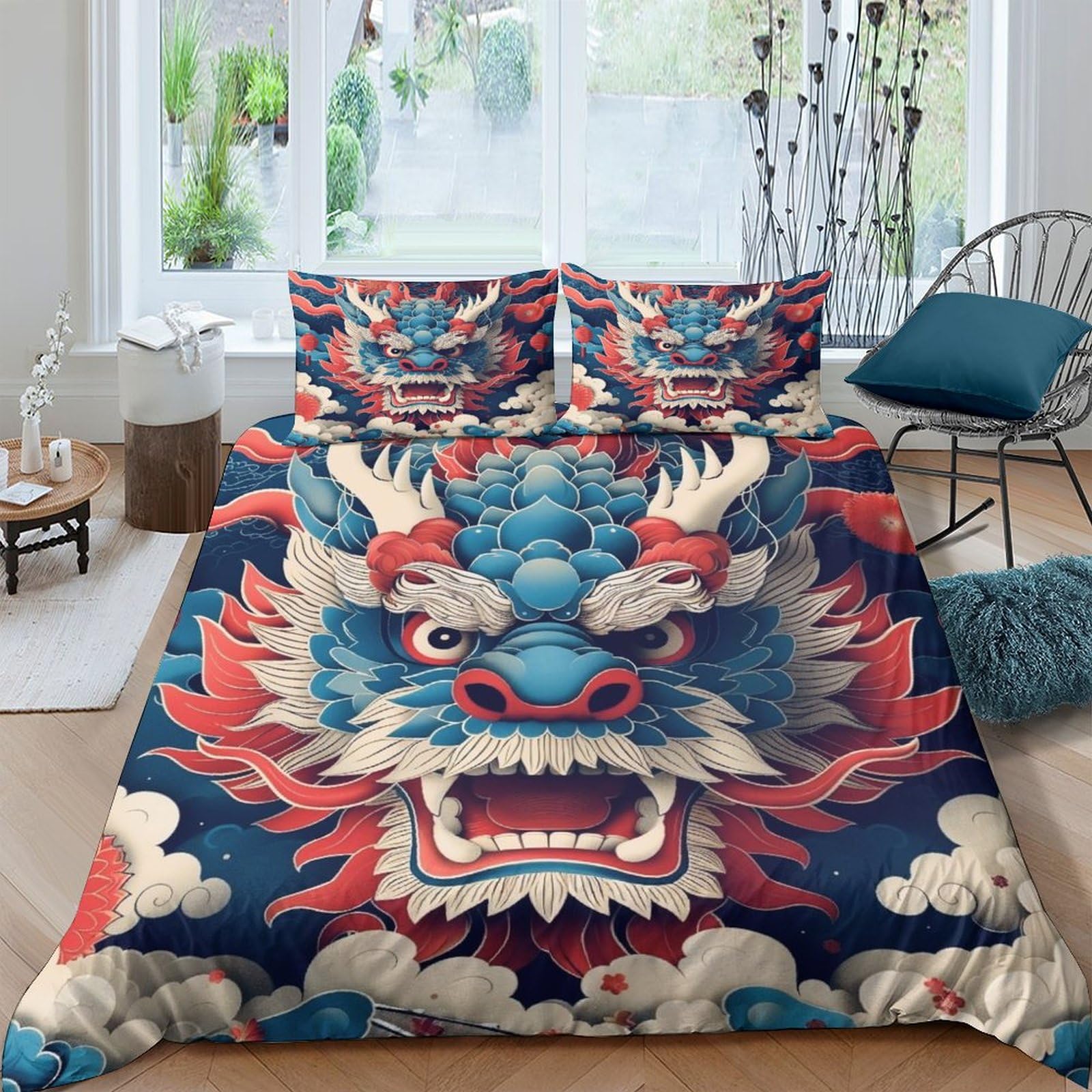 Stampato in 3D Loong cinese Copertina Stampata Microfibra Disegnata Biancheria Da Letto Con Chiusura A Cerniera Con 2 Federe,Double（200x200cm）, Per Adolescenti E Adulti