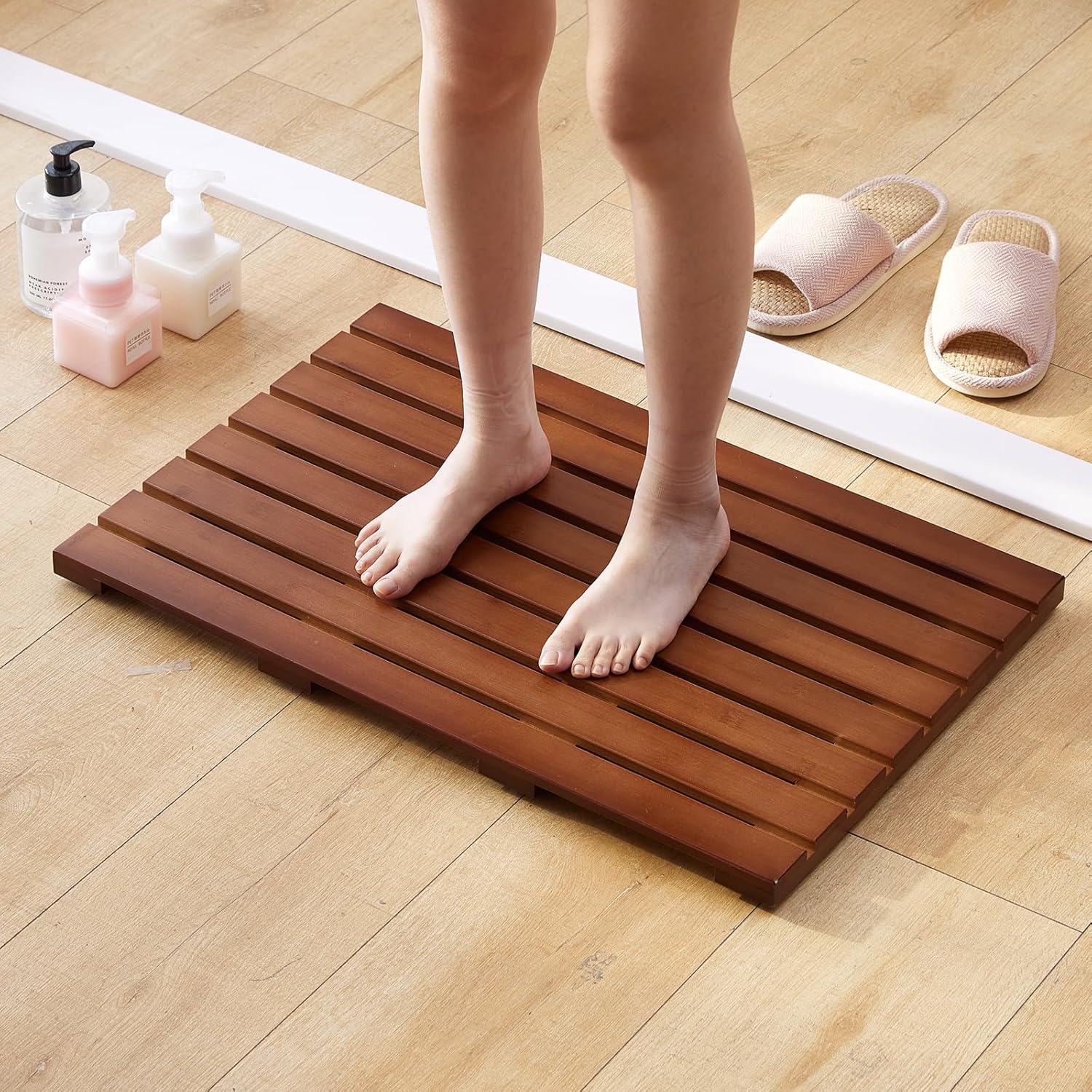 Bamboo Bath Mat for Shower with Non-Slip Rubber,Bathtub Mat,Floor Mat,Shower Mat for Indoor,Outdoor,Spa, Sauna, Pool (Brown, 25.5 * 17 * 1.4 inches) Brown 25.5" x 17" (Rectangular)