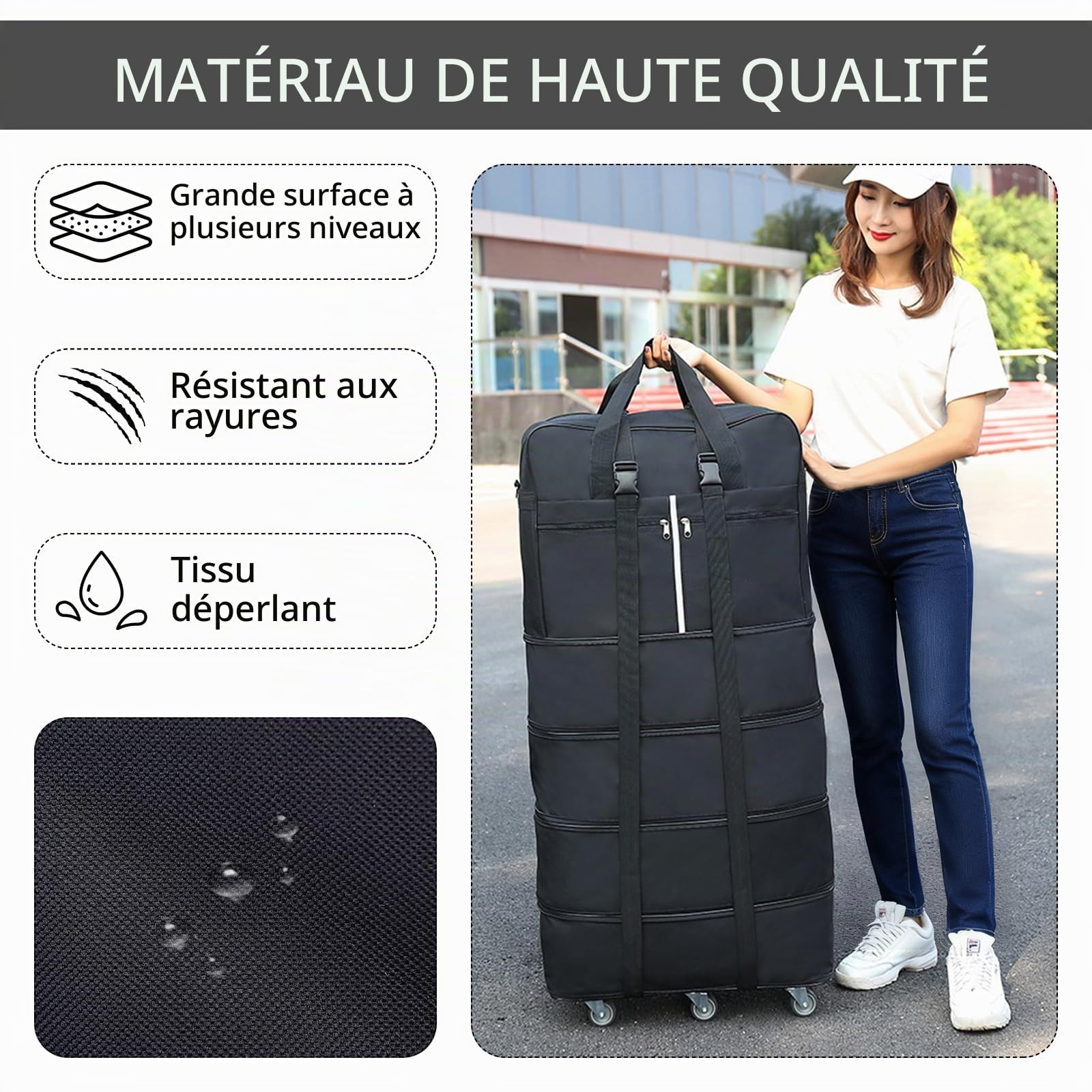 Valises de 185 L avec roulettes - Grand sac de voyage extensible et pliable - Sac de voyage pliable pour homme et femme - Léger - 127 cm x 52 cm x 28 cm