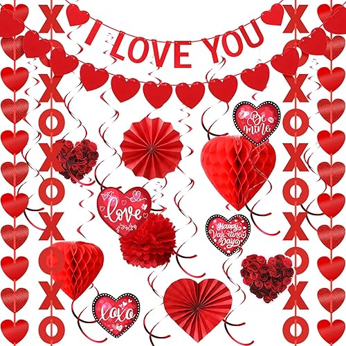 Juego de 30 piezas de decoración para el día de San Valentín con texto en inglés "I Love You Red Heart XOXO", guirnalda con forma de corazón,
