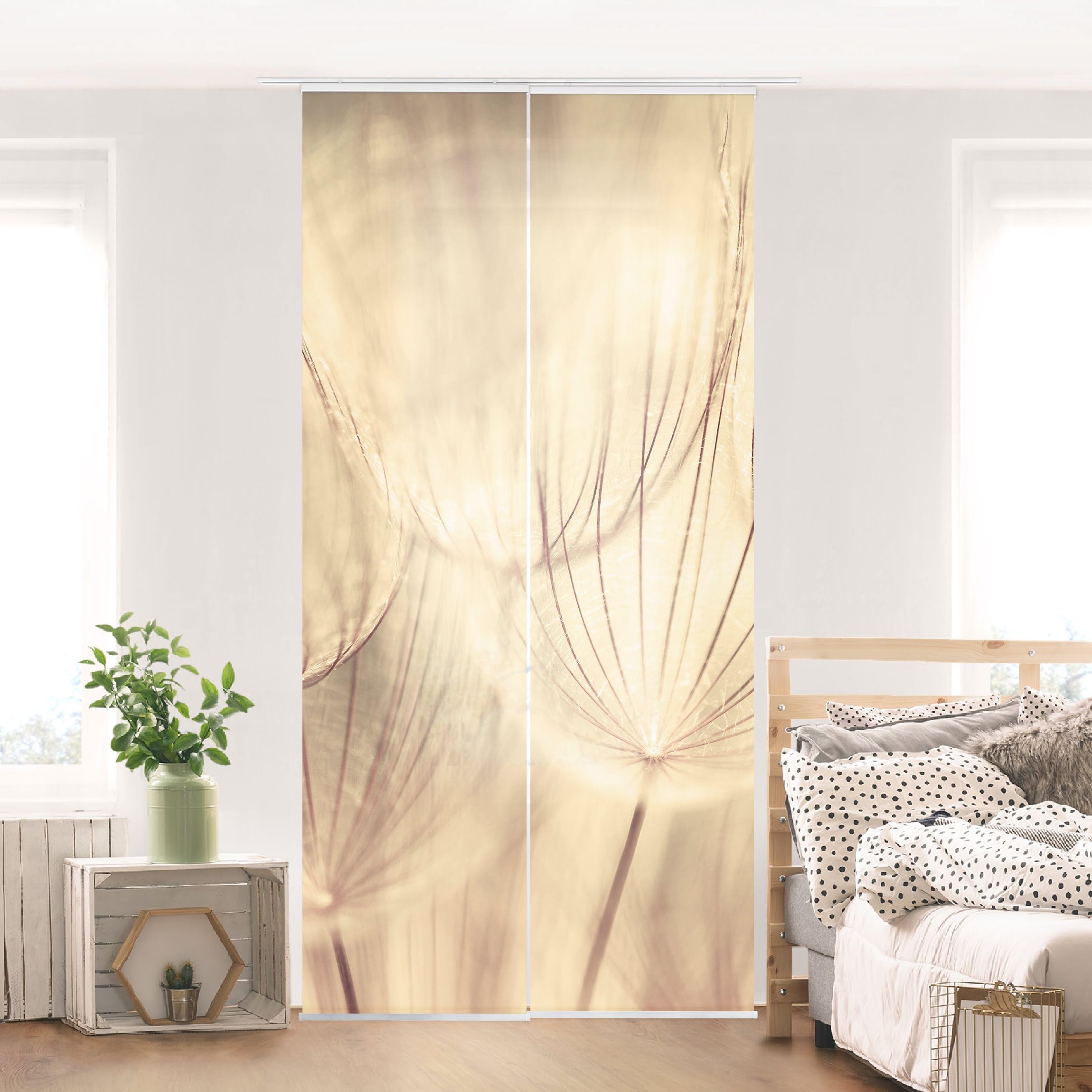Schiebegardine halbtransparent 60er Paneel Klett Blumen Textil lichtdurchlässig - Motiv Modern Flächenvorhang gelb Wohnzimmer Schlafzimmer 1572 (120x250 cm - 2er Set)
