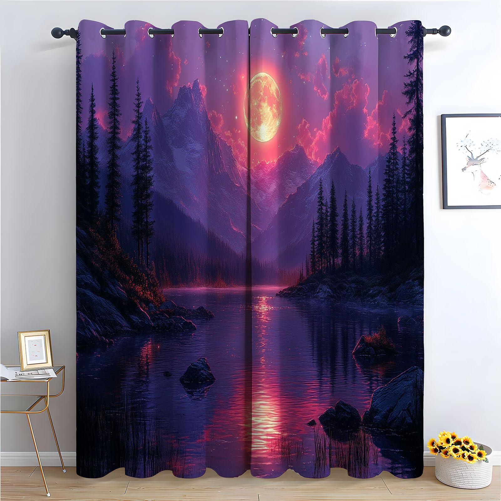 TERUEA 3D Landscape Scenery Decoration Curtains Purple mountain landscape moon pine water reflection Curtains Spring Garden Landscape-52 W x 84" L (Pack of 2)