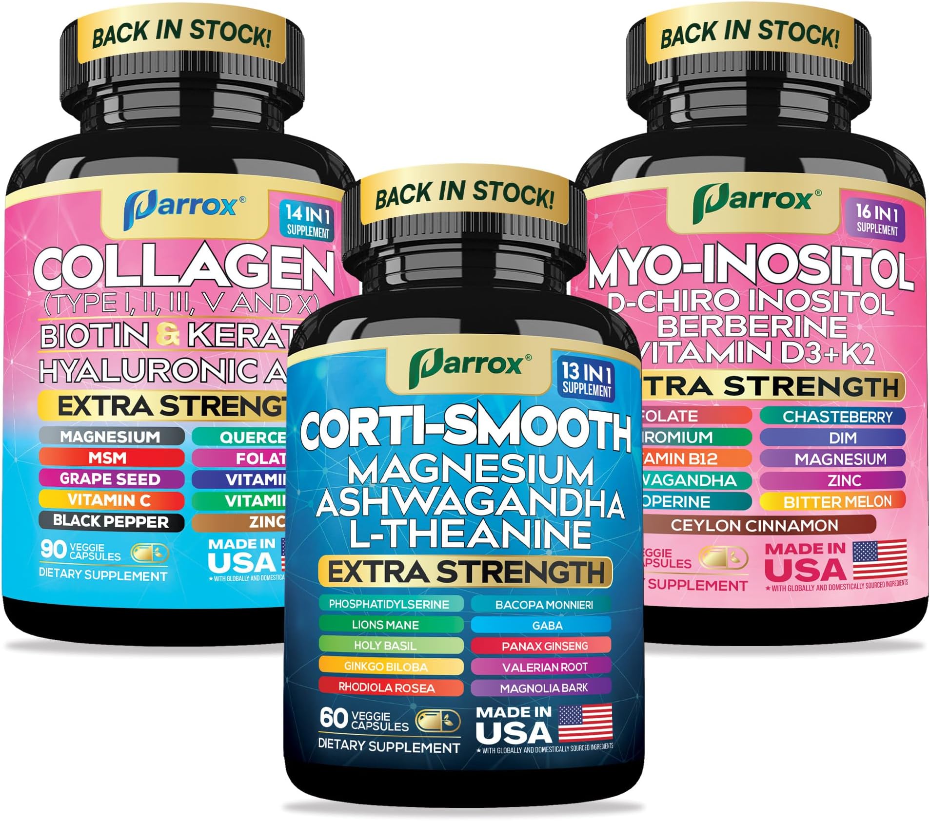 She Shines Set - Collagen Peptides Types I, II, III, V, X, Biotin, Keratin, Myo Inositol & D-Chiro Inositol, Berberine, Cortisol Support, Magnesium, Ashwagandha, L-Theanine, Lions Mane
