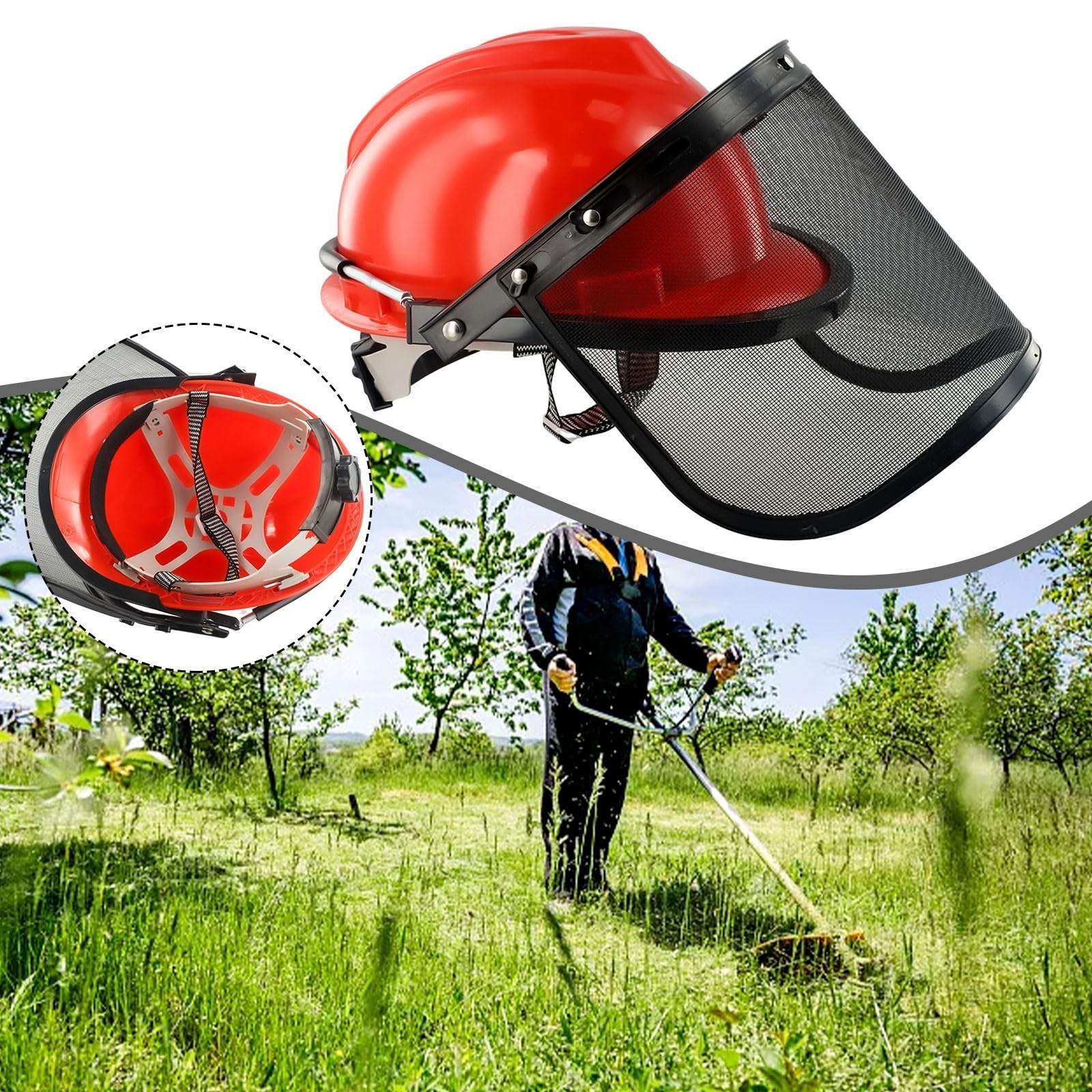 Casque de sécurité pour tronçonneuse, Protection de Casque de Protection pour tronçonneuse - Visière en Maille pour tronçonneuse, Tondeuse à Gazon, débroussailleuse, Rouge + Noir