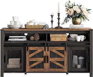 WAMPAT Farmhouse Buffet Cabinet, Rustic Sideboard with Sliding Barn Doors, 59" Coffee Bar Storage Cabinet with Mesh Doors, Antique Black & Brown Cupboard Table for Kitchen, Dining Room, Living Room