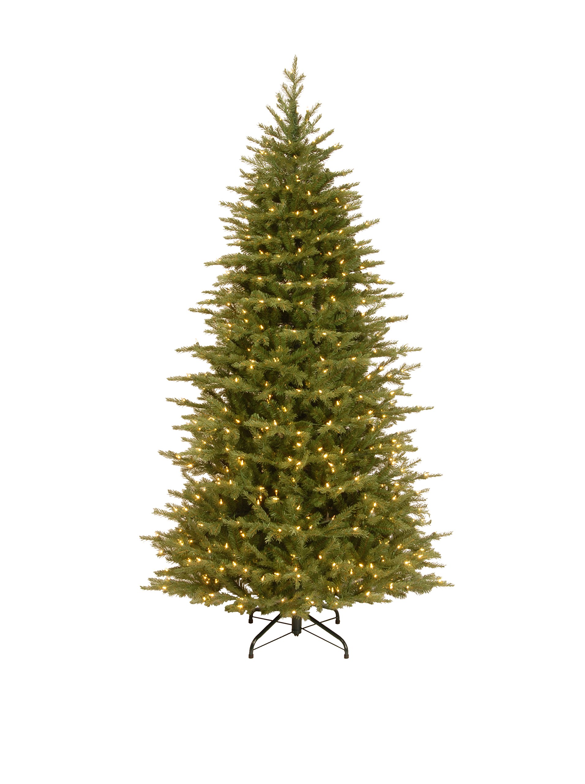 National Tree Company 7.5 ft Pre-Lit Nordic Spruce Slim Artificial Christmas Tree, 600 LED Lights, 3,268 Tips, Foot Pedal, 10 Light Functions, Includes Stand, Green