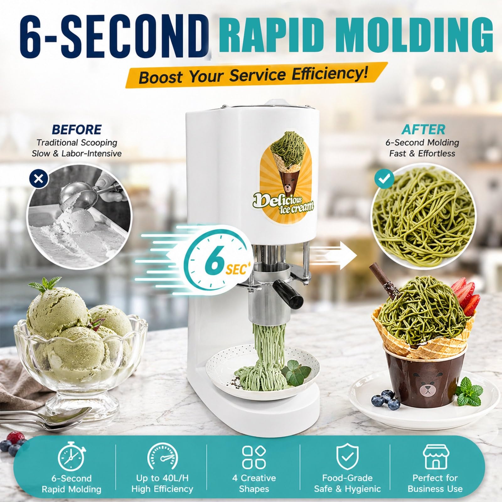 Machine à Glace Italienne Style Spaghetti, Presse à Crème Glacée Professionnelle avec 4 Formes, Moulage Rapide pour Événements et Catering, 80W, Haute Capacité 40L/h(White)