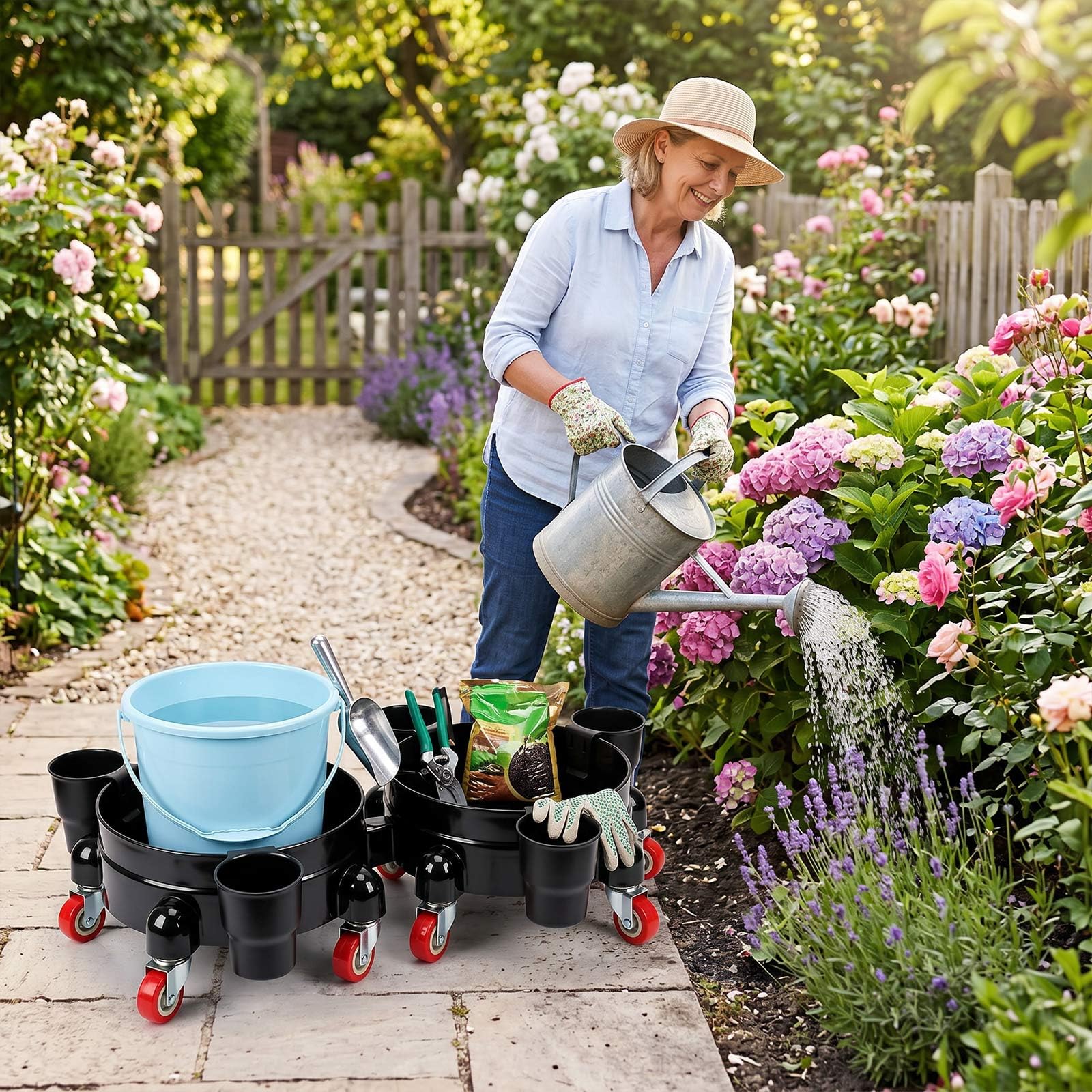 Carrito de cubo resistente con ruedas, rodillo de cubo de 5 galones con ruedas de bloqueo y abrazadera segura, carrito de cubo rodante para limpieza, jardinería, uso industrial, 300 libras, equipado