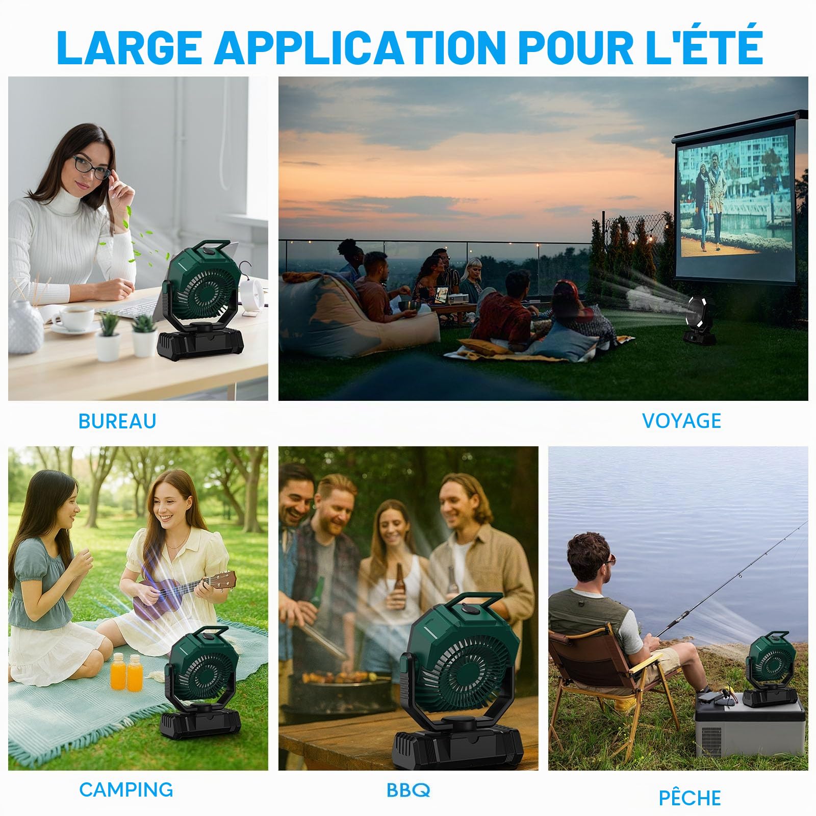 Ventilateur Brumisateur Portable 20000mAh, Réservoir 300ml, Oscillation 45°-90°, Rotation 270°, Télécommande, LED, Ventilateur Camping Rechargeable pour Extérieur, Tente, Bureau
