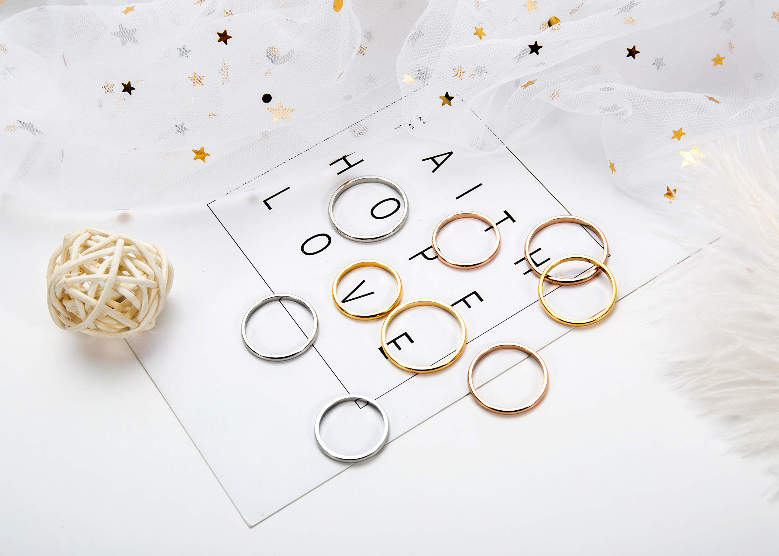 12-18 anillos finos de acero inoxidable de 0.039 pulgadas para mujer, oro rosa, plata, oro, juego de anillos apilables de 3 colores, ajuste cómodo, tamaño 4-9, Oro, rosa, plata, acero 6