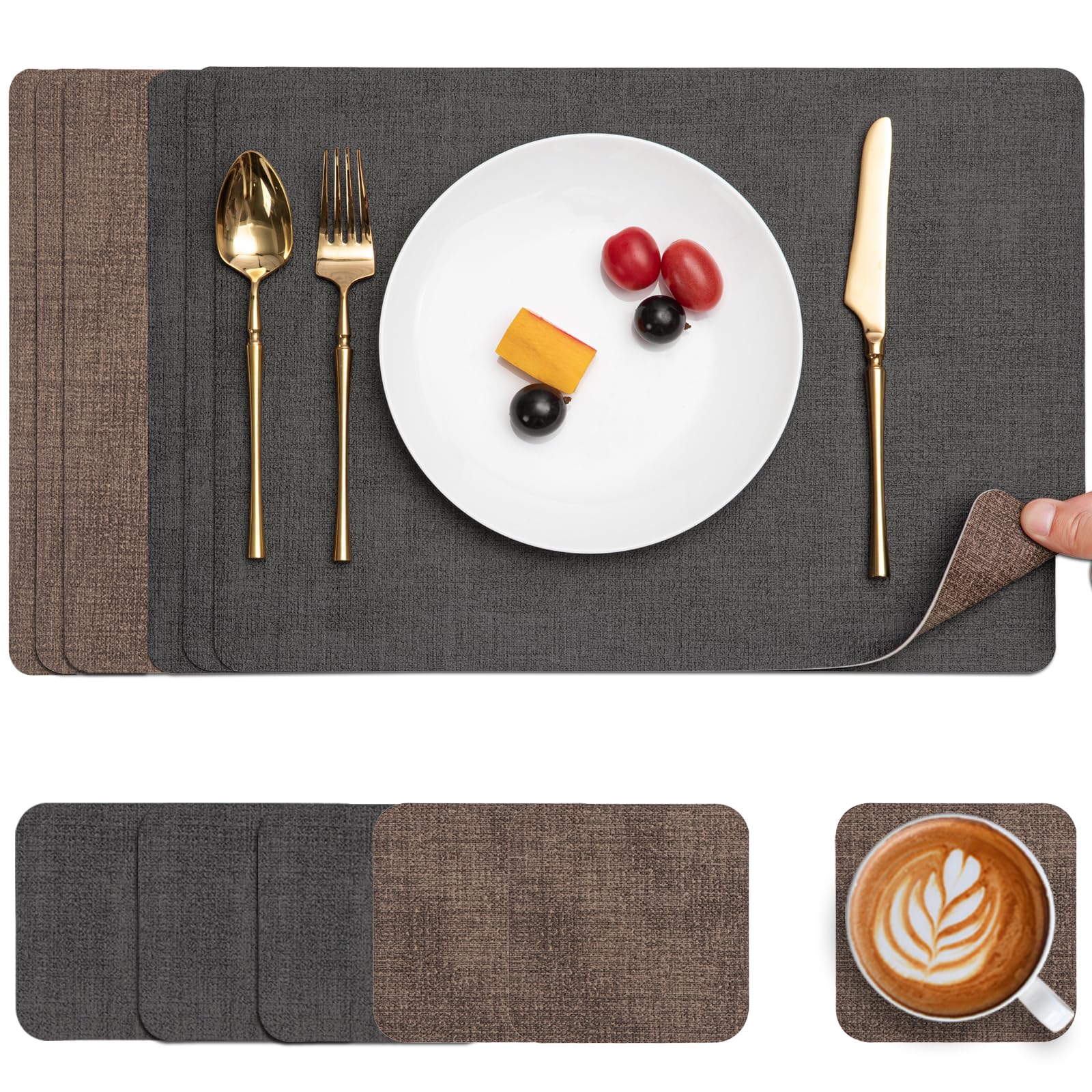 Myir JUN Tischsets Abwaschbar Leder und Untersetzer, Doppelseitigen Platzset rutschfest Platzdeckchen Kunstleder (Grau Braun, 6er Set)