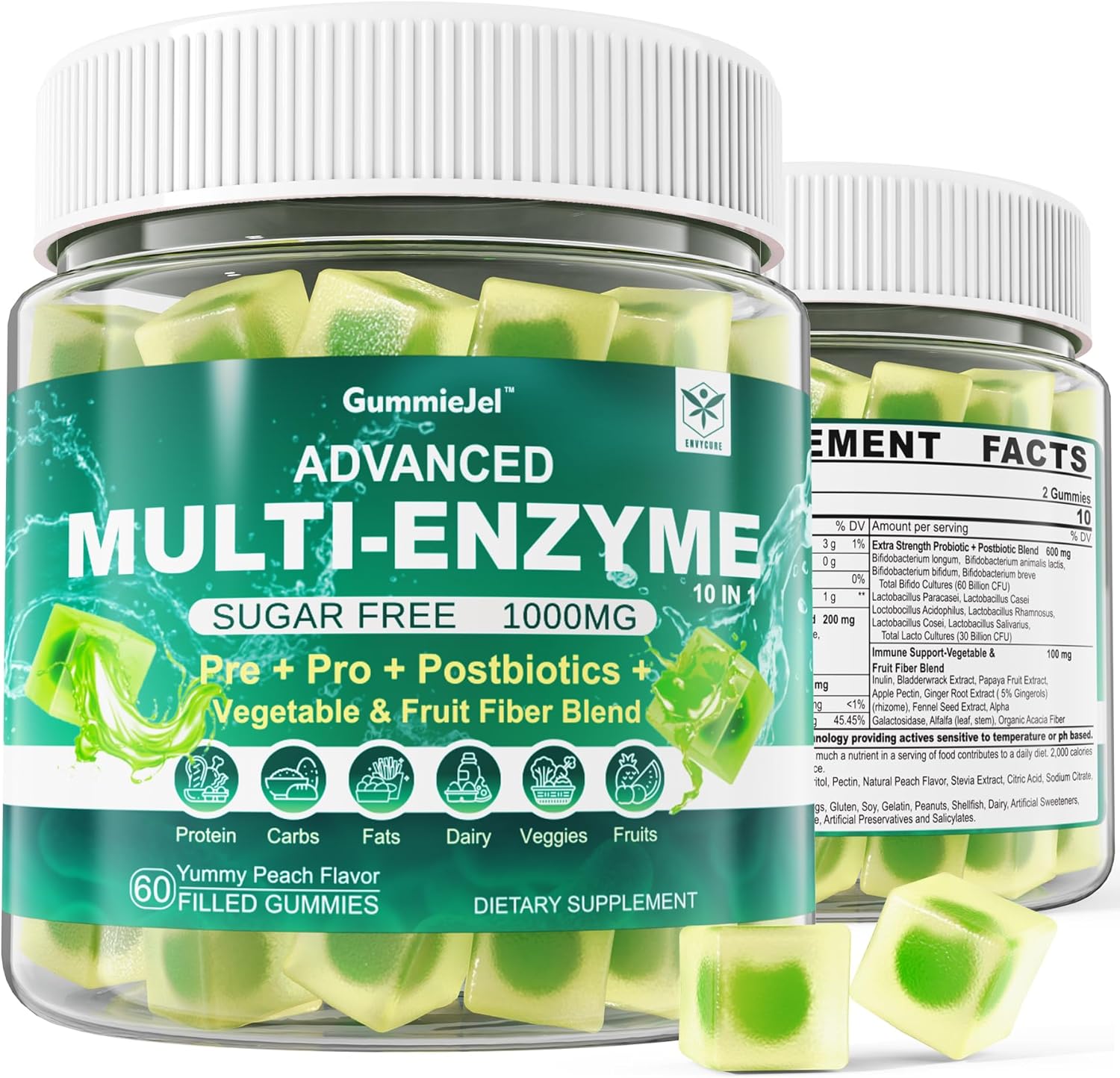 Digestive Enzymes Gummies 1000mg Chewable - Break Down Food Quickly, 90 Billion CFU, Probiotic, Postbiotic, Prebiotic & Fiber Blend & Vitamin ADK Gummies + Calcium Magnesium Zinc Supplement
