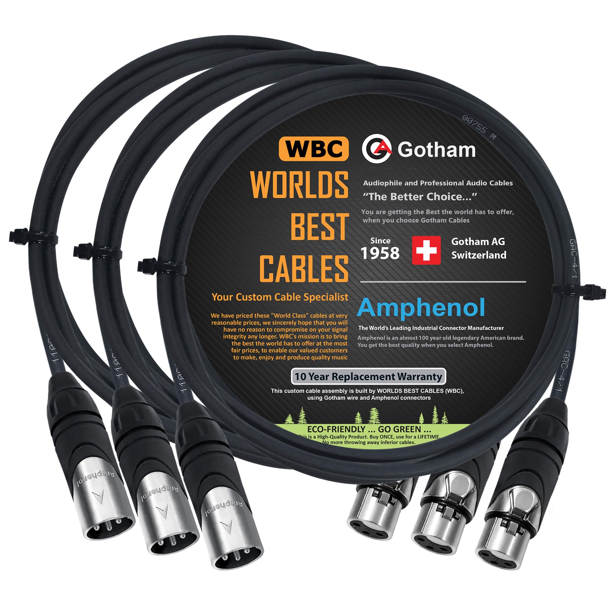 3 unidades – 5 pies – Gotham GAC-4/1 (negro) – Star Quad, doble blindado equilibrado cables de micrófono macho a hembra con Amphenol AX3M y AX3F conectores XLR plateados – Hecho a medida por WORLDS BEST CABLES