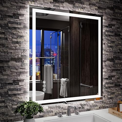 Amorho Espejo LED para baño de 28 x 32 pulgadas con luz frontal y retroiluminación, regulable continuo, a prueba de roturas, memoria, 3 colores,