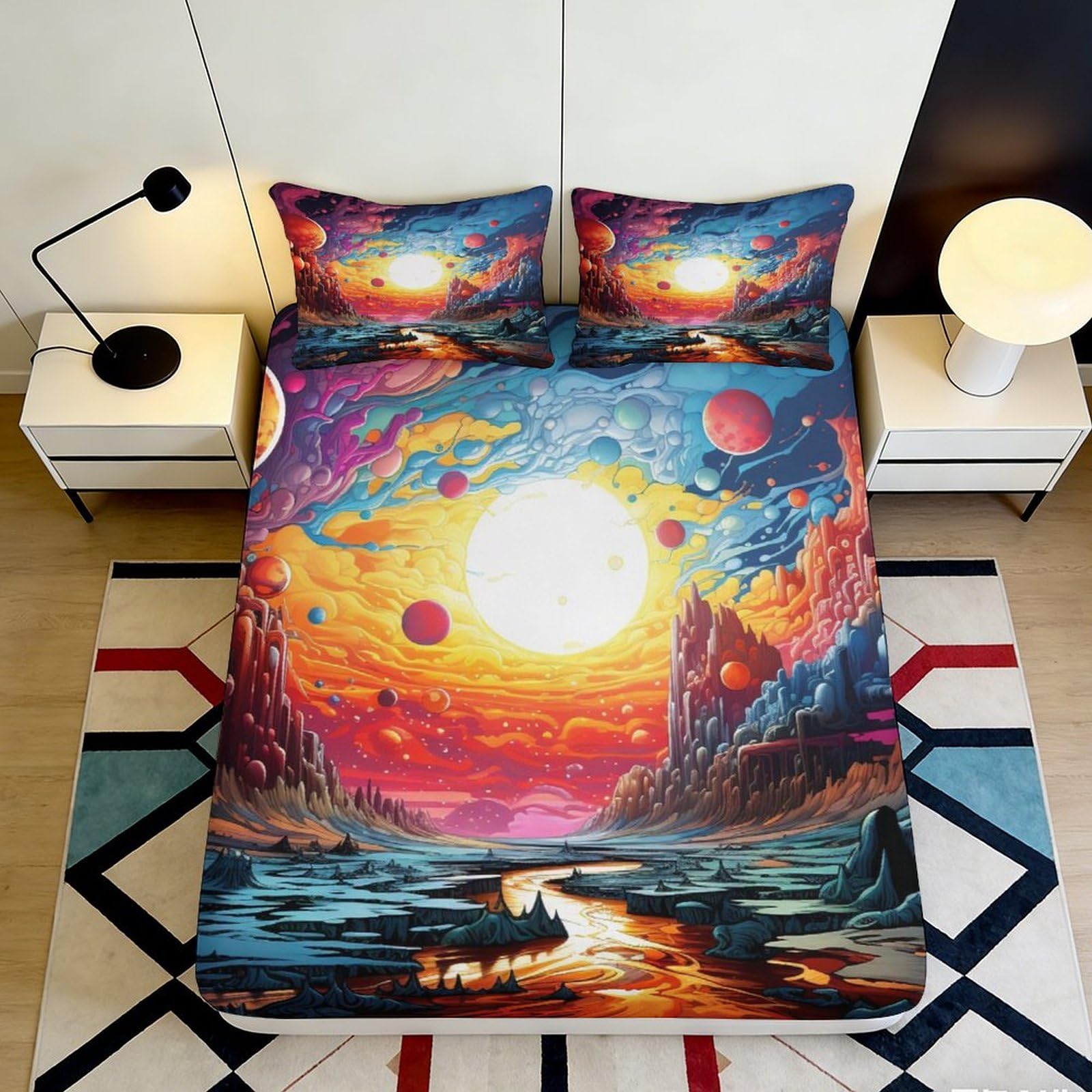 Jqzkxnhpbr Style-1 3D Printed Sunset Planet Fitted Sheet Microfiber Soft Artistic Landscape Bed Cover For Bedroom Dorm Decor 90X200x25cm