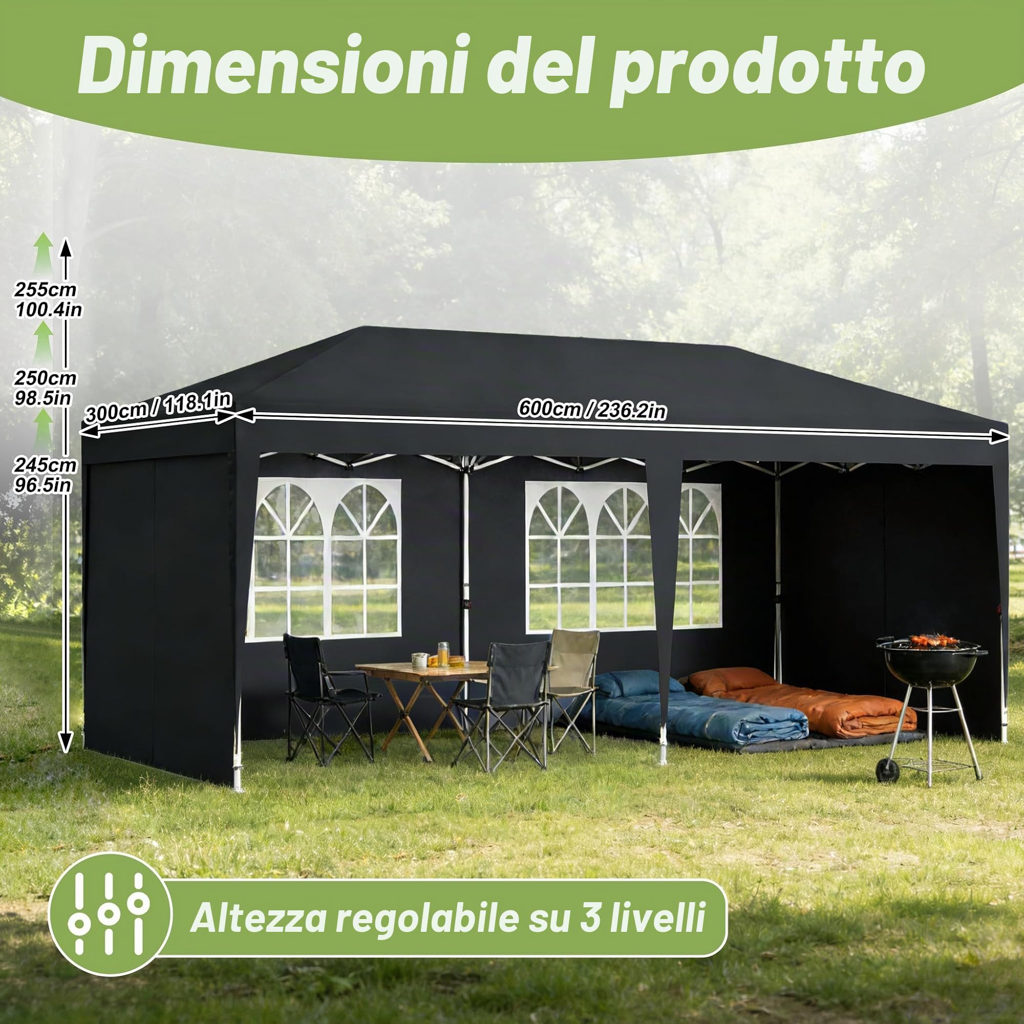 Aufun Gazebo pieghevole, 3 x 6 m, impermeabile, stabile, protezione UV con 6 pareti laterali, altezza regolabile, pop-up, tenda da giardino, gazebo da campeggio, per feste, festival, matrimoni, colore