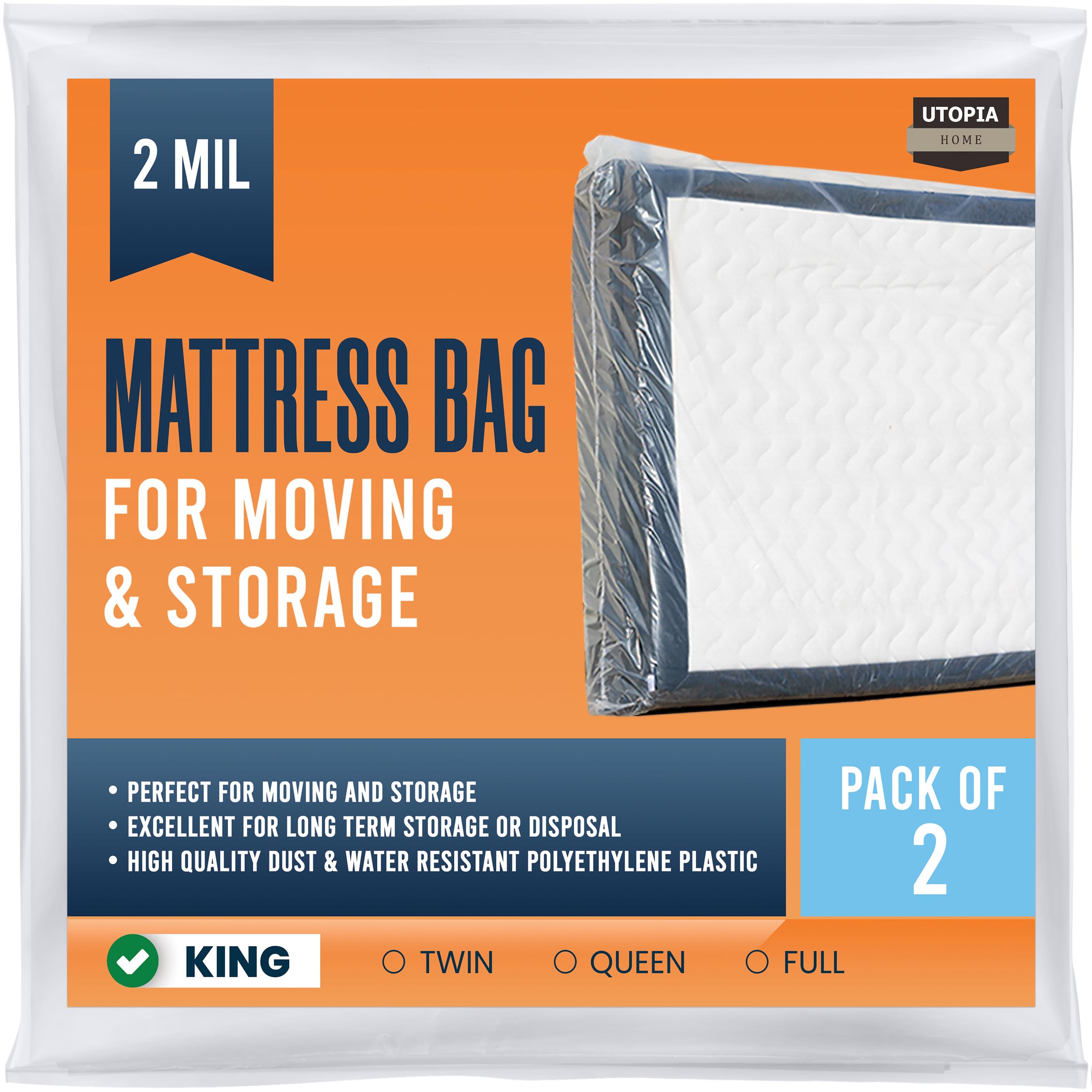 Utopia Home Mattress Bag for Moving King Size (Pack of 2) Mattress Storage Bag, Plastic Mattress Encasement Cover, Fits Mattresses up to 14 Inches
