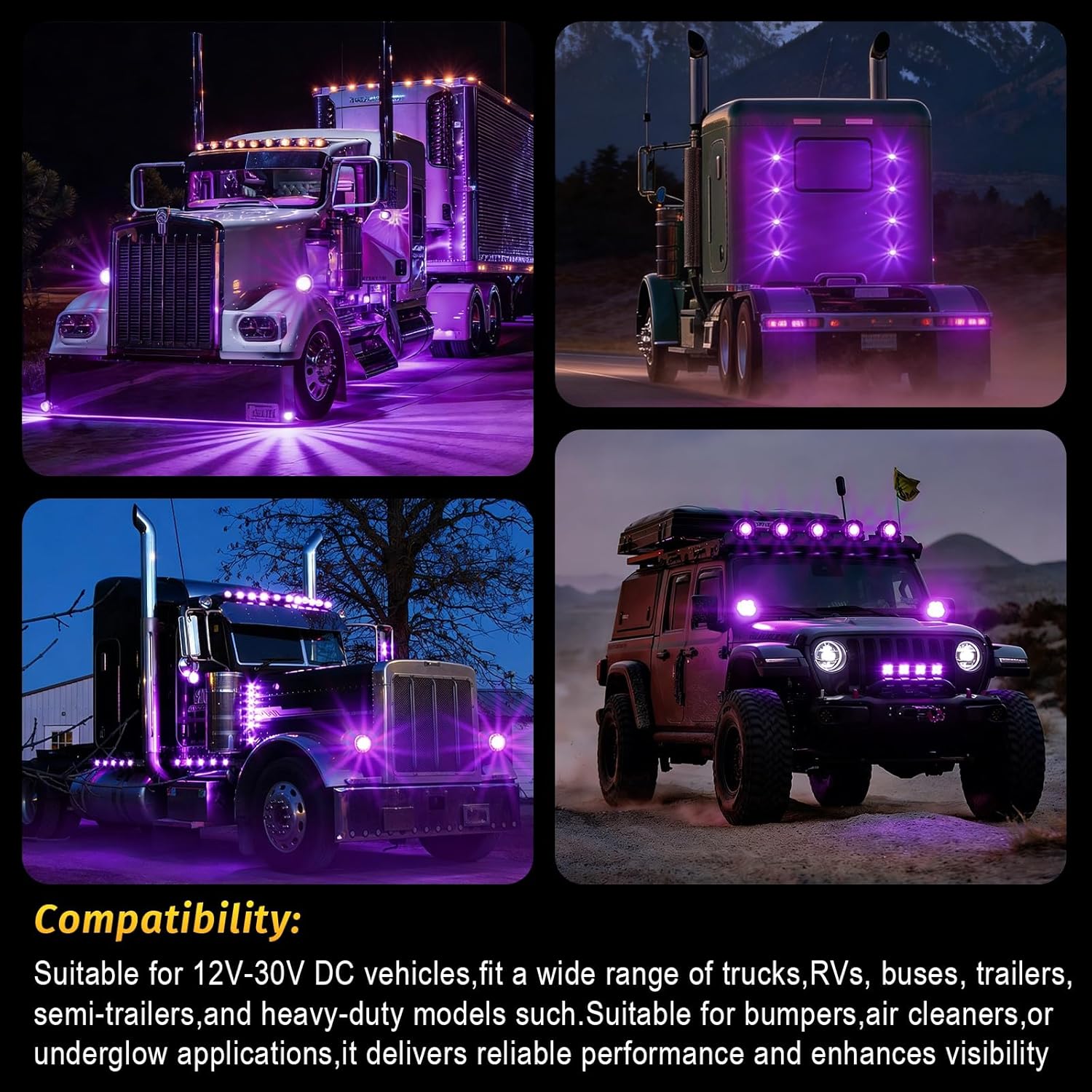 4PCS Watermelon Lights, Purple Strobe & Constant Multi-Function LED Side Marker, Turn Signal, Tail & Roof Lights with Stainless Steel Bezel for Freightliner, Kenworth, Peterbilt Semi Trucks & Trailers