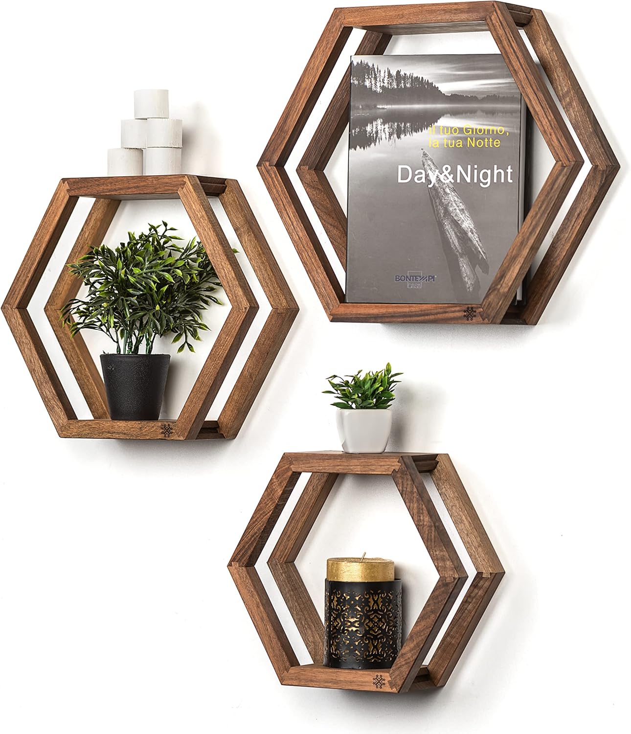 Hexagon Floating Shelves 3 Pieces Walnut Wood Shelves for