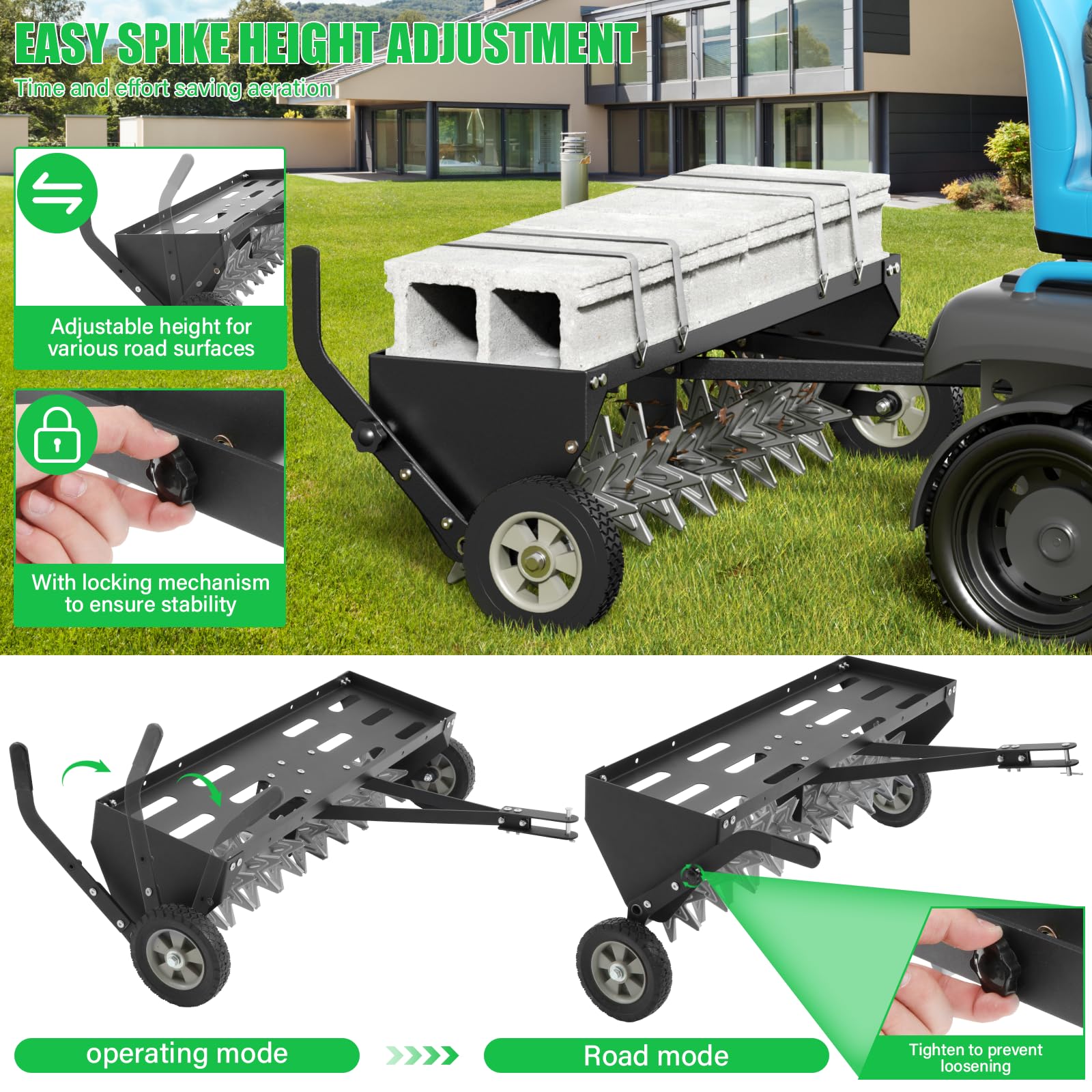 VELPAX Aireador para cortacésped de 101 cm – Acoplamiento universal, enganche extra ancho, aireador de césped duradero para tractor con 10 dientes