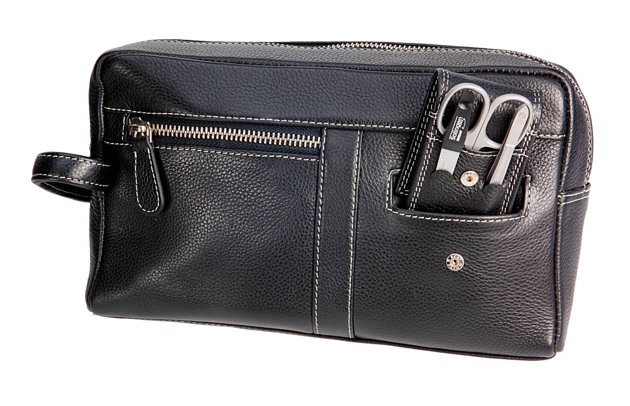 Sonnenschein Leder Kulturtasche & Kulturbeutel für Herren & Damen – Mittelgroße Kosmetiktasche mit 3-TLG. Maniküre Set aus Edelstahl – Hochwertige Toilettentasche – Kosmetiktasche klein & kompakt