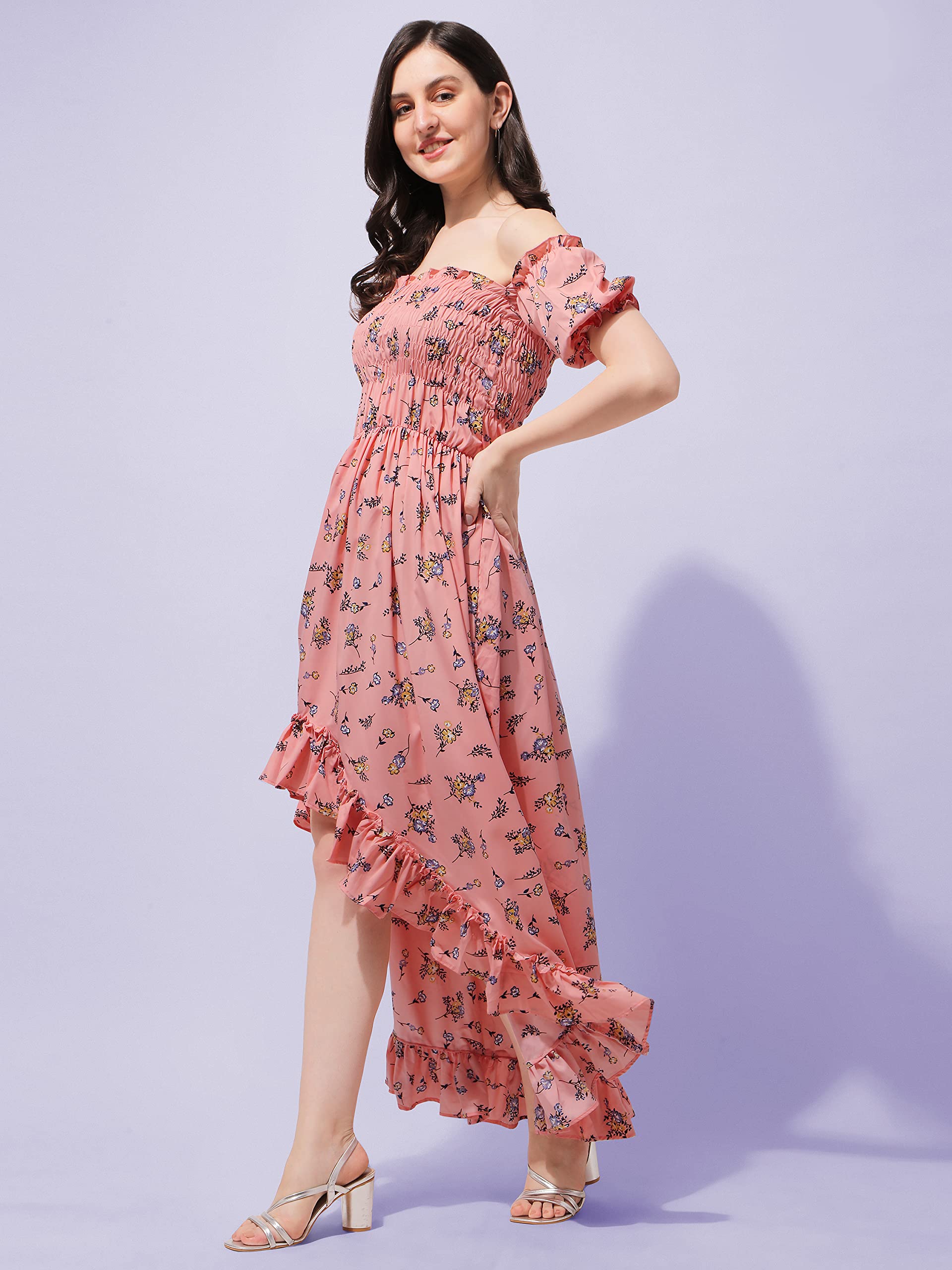 Oomph Flared Dress For Women Stylish | Long One Piece For Women | Off Shoulder Puff Sleeve Long Dress | Floral Print Maxi One Piece | Western & Fusion Wear Bohemian Style