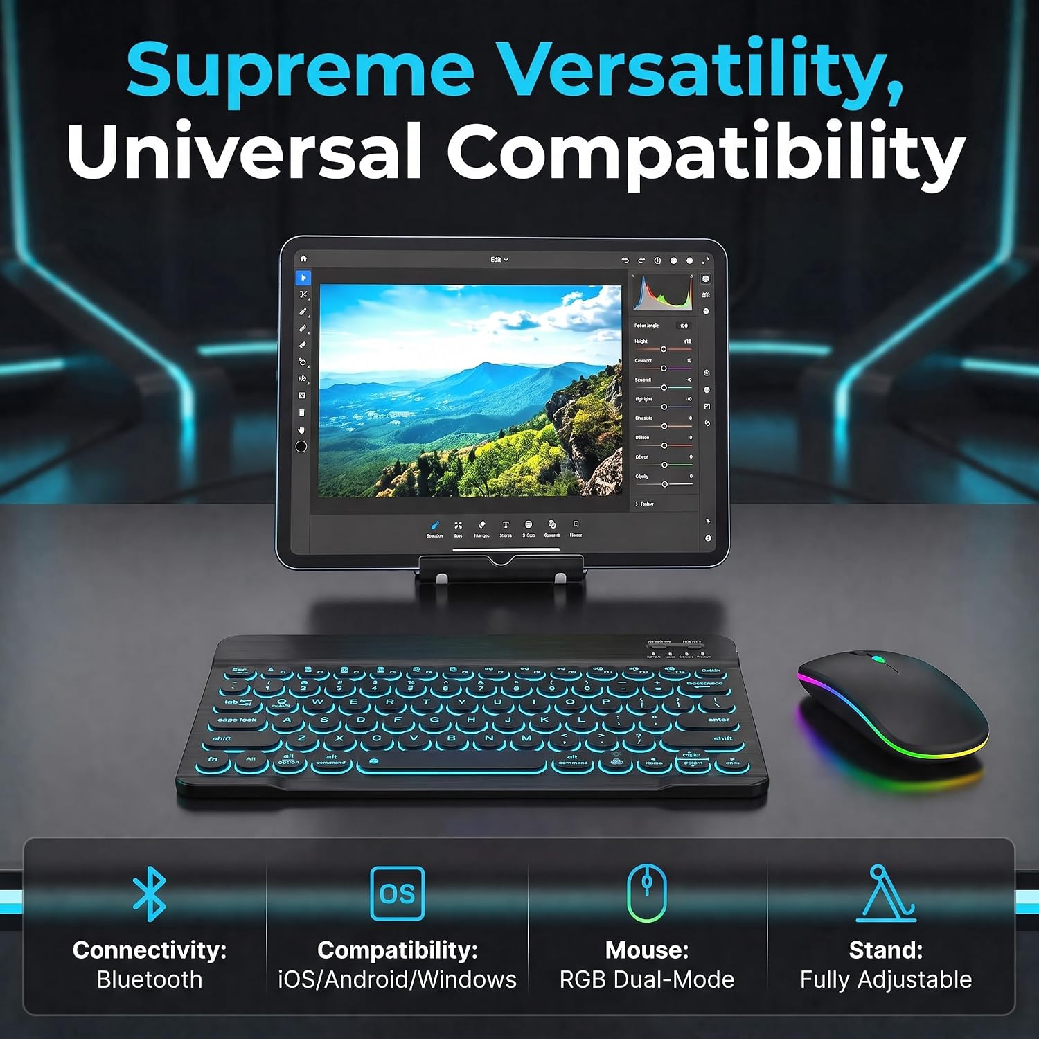 Rechargeable Bluetooth Keyboard Mouse and Adjustable Stand, Universal Ultra-Slim Wireless 7-Color Backlit Keyboard Set for iPad 11th/10th/9th Gen, Pro/Air/Mini, Samsung Tablet, Lenovo, TCL, Smartphone