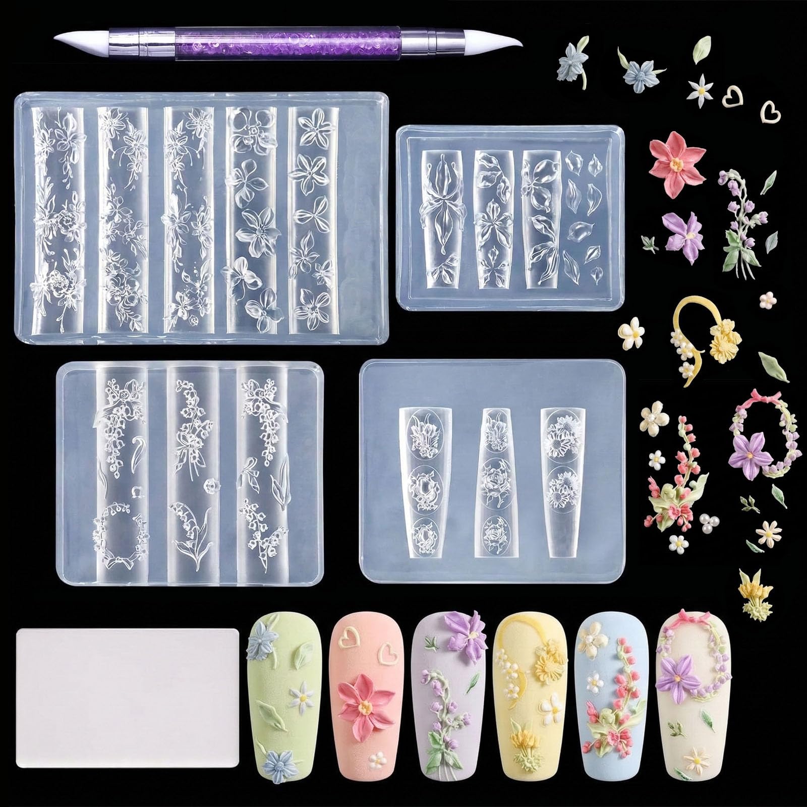 Nails Mold, set da 4 pezzi di timbri per unghie per disegno nail art con stampi in silicone 3D con fiori, stamping templates per unghie