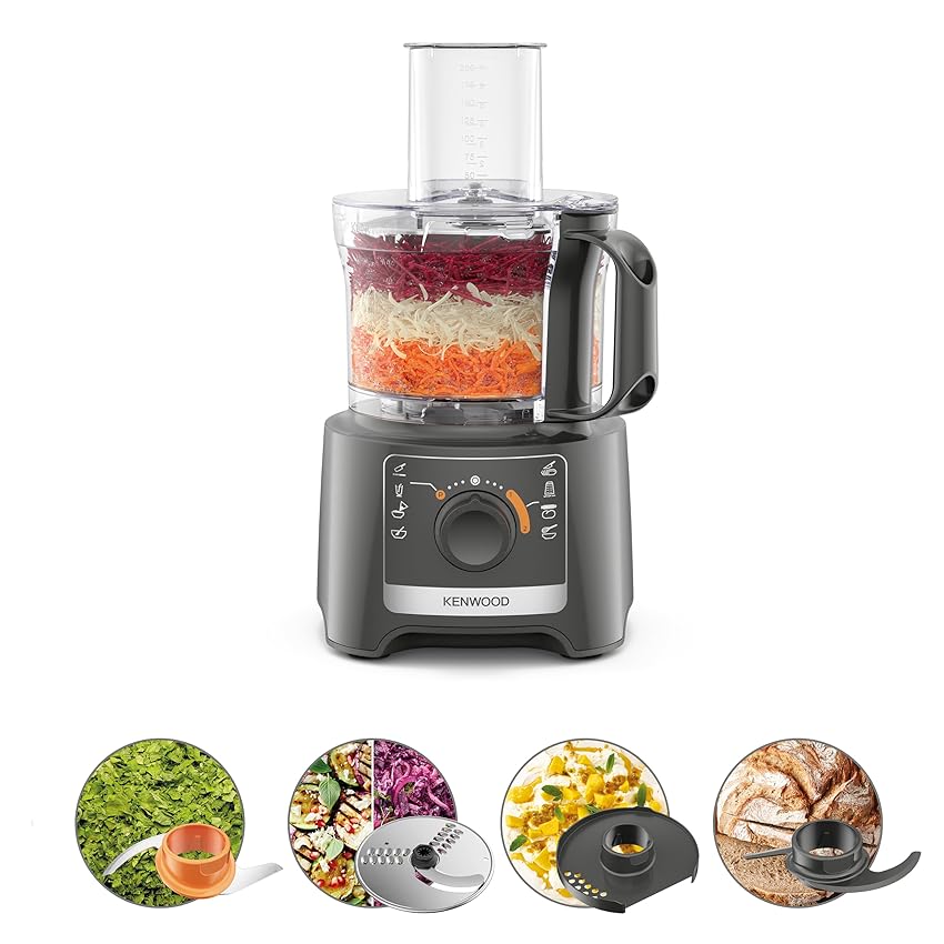 Kenwood Multipro Compact FDP31.020GY Modello 2023, Robot Tritatutto da cucina con 2 velocità di Lavorazione + Pulse, Ciotola da 2,1L, Tagliaverdure Elettrico per Tritare, Grattugiare e Impastare, 800w