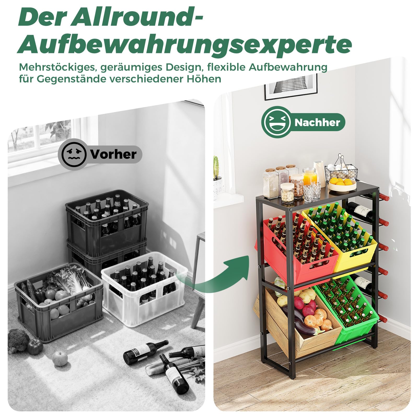 Getränkekistenregal für 4 Kisten, Trag.400KG, Kistenregal Getränkekisten | Getränkeregal Metall, Schwarz Getränkeregal, Weinregal, Vorratsregal, Kastenregal für Küche Balkon Keller & Abstellraum