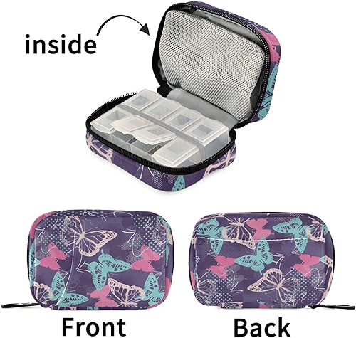 Miniatura 7 de Pfrewn Estuche organizador de píldoras, diseño de mariposas de graffiti pixeladas, pastillero de viaje con cremallera para 7 días, portátil,