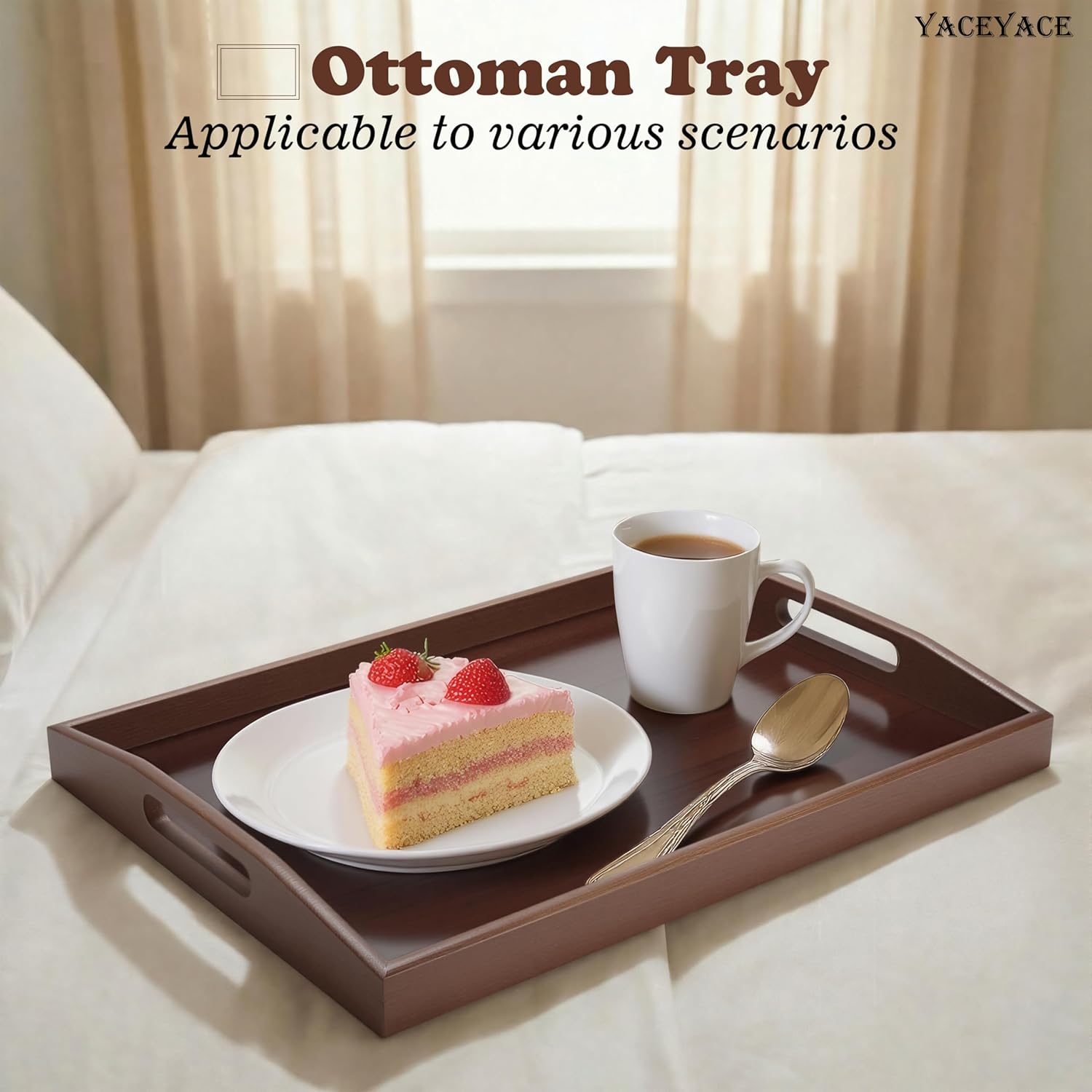Large Bamboo Tray for Ottoman, 17.7"x13"x2" Large Serving Tray with Handle, Bamboo Trays for Home Decor, Breakfast, Dining, Bar