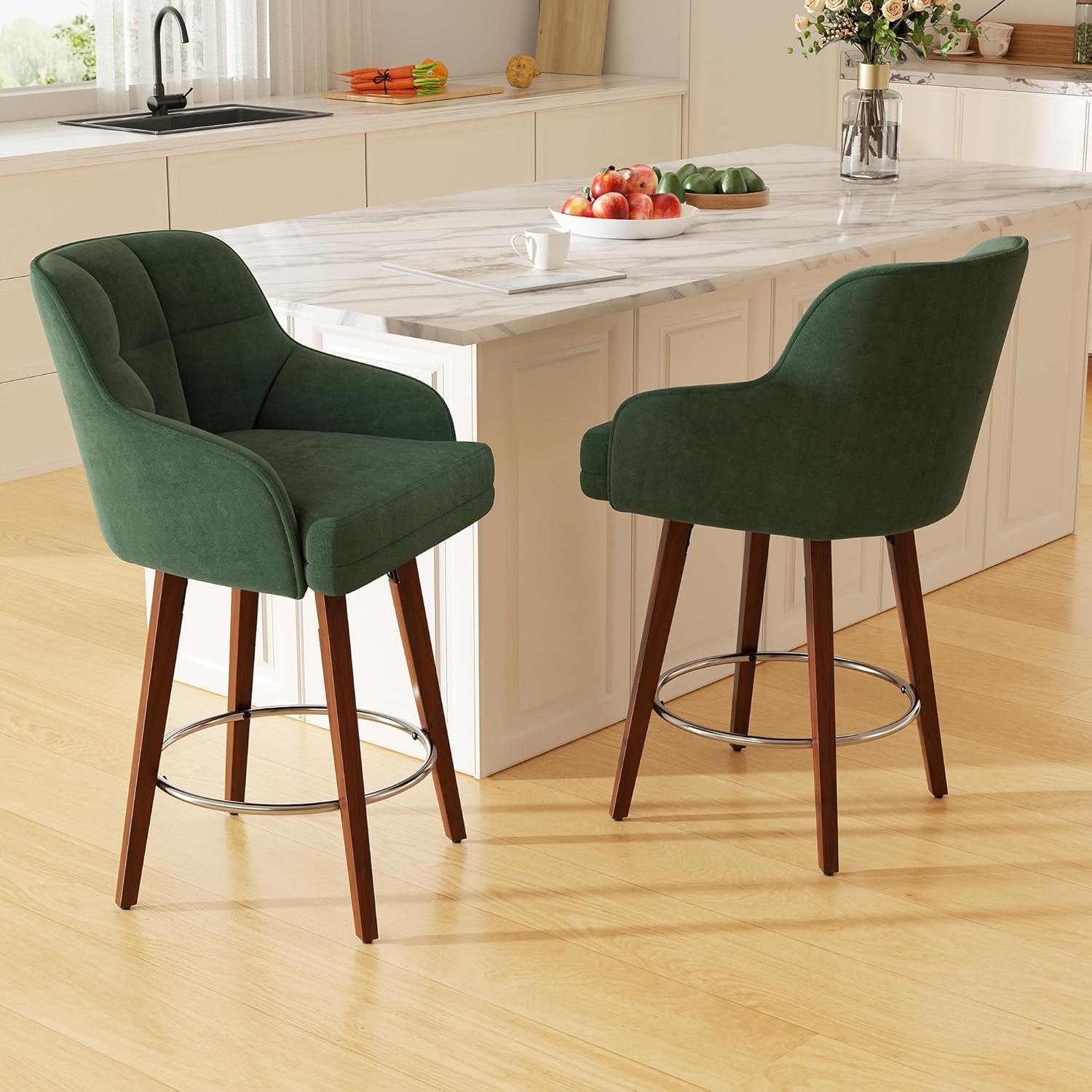 Swivel Bar Stools with Fabric Backs 26" Counter Height Bar Stools Set of 2 Fabric Upholstered Counter Barstools with Solid Wood Legs for Modern Kitchen Island Home Bar Green Set of 2