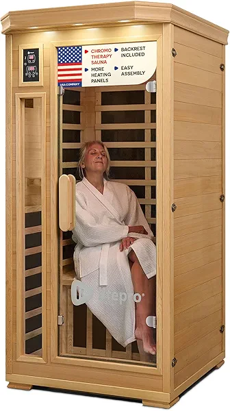 LifePro Rejuvacure Low-EMF Wooden Far Infrared Sauna for Home - Tempered Glass Door 1 Person Indoor Sauna Box with 7 Chromotherapy, Bluetooth Speakers, Canadian Hemlock Wood and Carbon Fiber Heaters