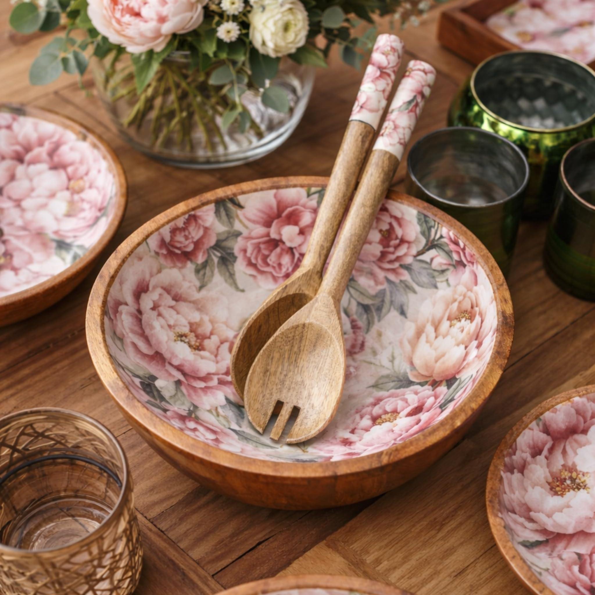 Salat-Set Salatschüssel & Salatbesteck mit Rosen-Design - Servierset aus Holz für Salat & Obst