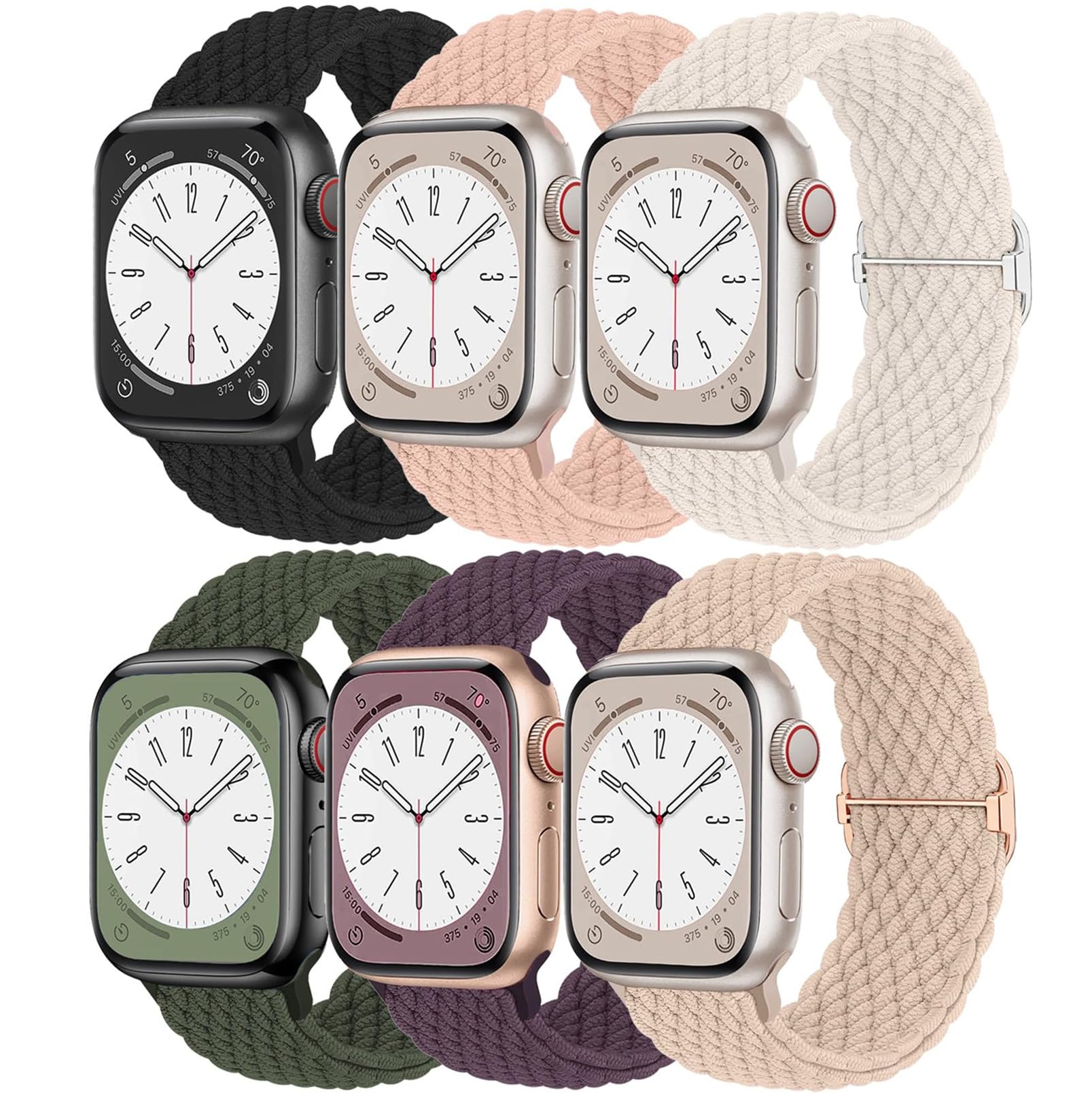 [Set of 6] Braided for Apple Watch Bands, 44mm, 40mm, 49mm, 38mm, 45mm, 41mm, 42mm, 46mm, Braided Braided Solo Loop for Apple Watch, Women, Men, Elastic Nylon, Sports Strap, Wrist Strap for Apple