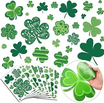 St Patricks Day Window Clings, 108 PCS Reusable Shamrock Decal Stickers Static Spring Decorations for Office School Home